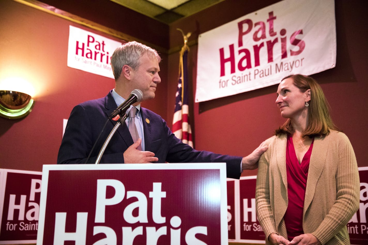 St. Paul mayoral candidate Pat Harris makes a speech with his wife Laura at Mancini's Char House in St. Paul on election night.