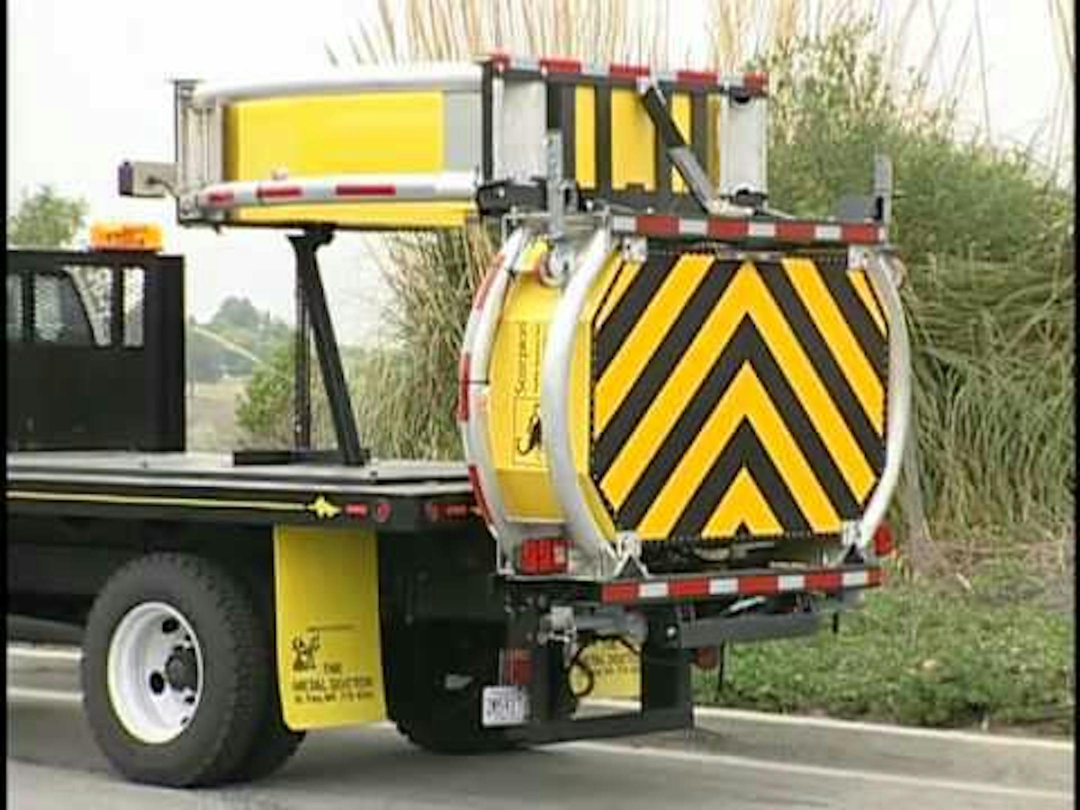 Folded up in this photo, this device helps protect road crews in the event of a crash.
