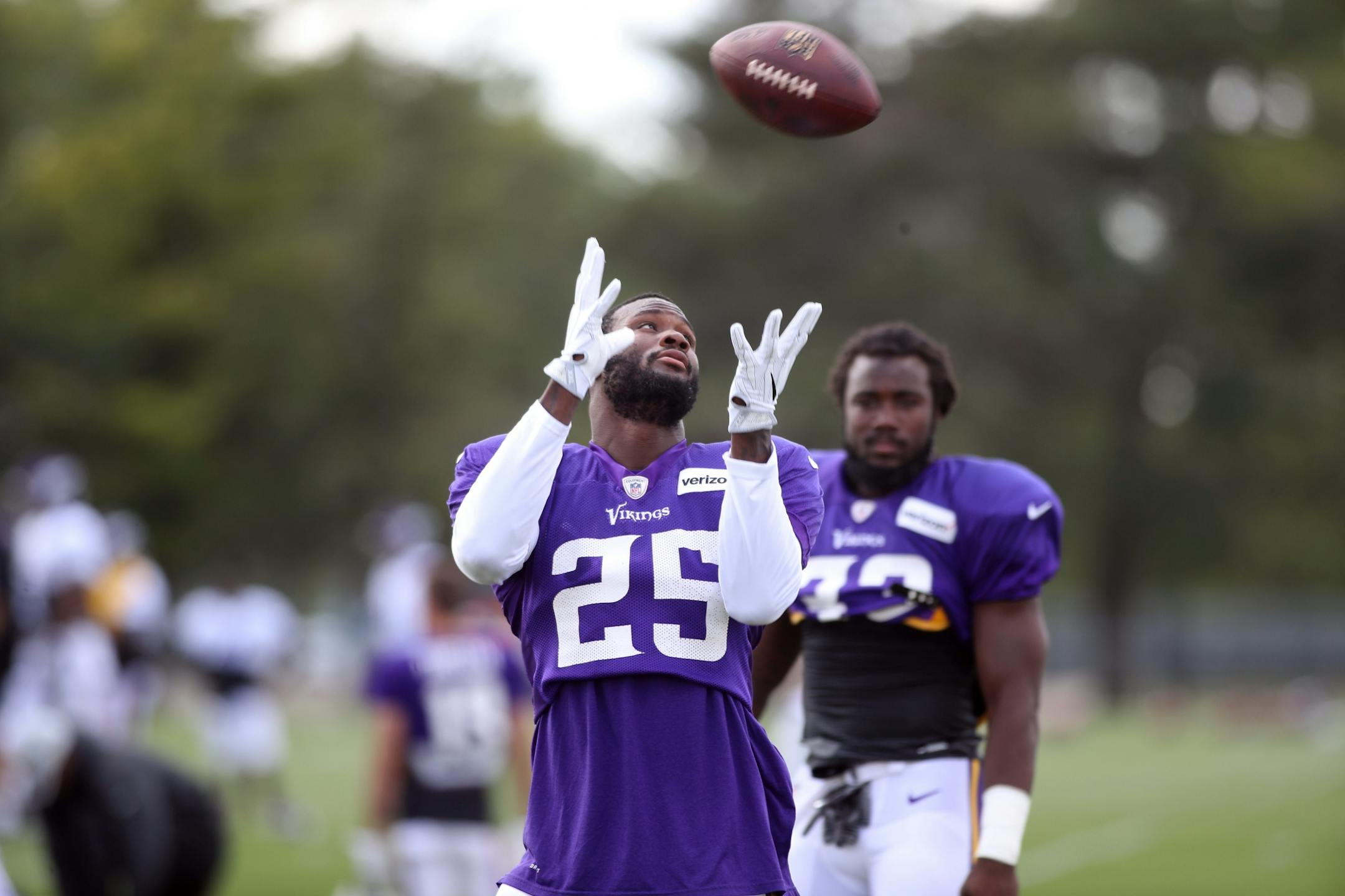 Minnesota Vikings running back Latavius Murray (25) left and Dalvin Cook (33) during practice at Minnesota State University, Mankato Monday August 7, 2017 in Mankato, MN.