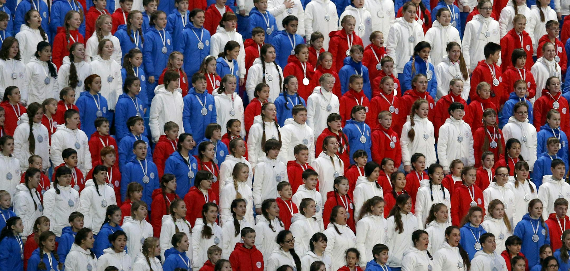 Children sang during Olympic closing ceremonies at Fisht Stadium on Sunday. ] CARLOS GONZALEZ cgonzalez@startribune.com - February 23, 2013, Sochi, Russia, Sochi 2014 Winter Olympics, Fisht Stadium, Olympic Closing Ceremonies