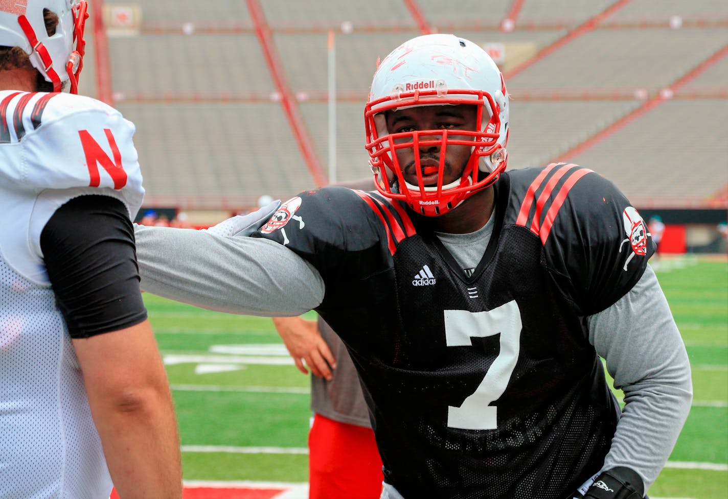 Nebraska defensive tackle Maliek Collins (7) participates in a drill during NCAA college football practice in Lincoln, Neb., Tuesday, Sept. 1, 2015. (AP Photo/Nati Harnik)