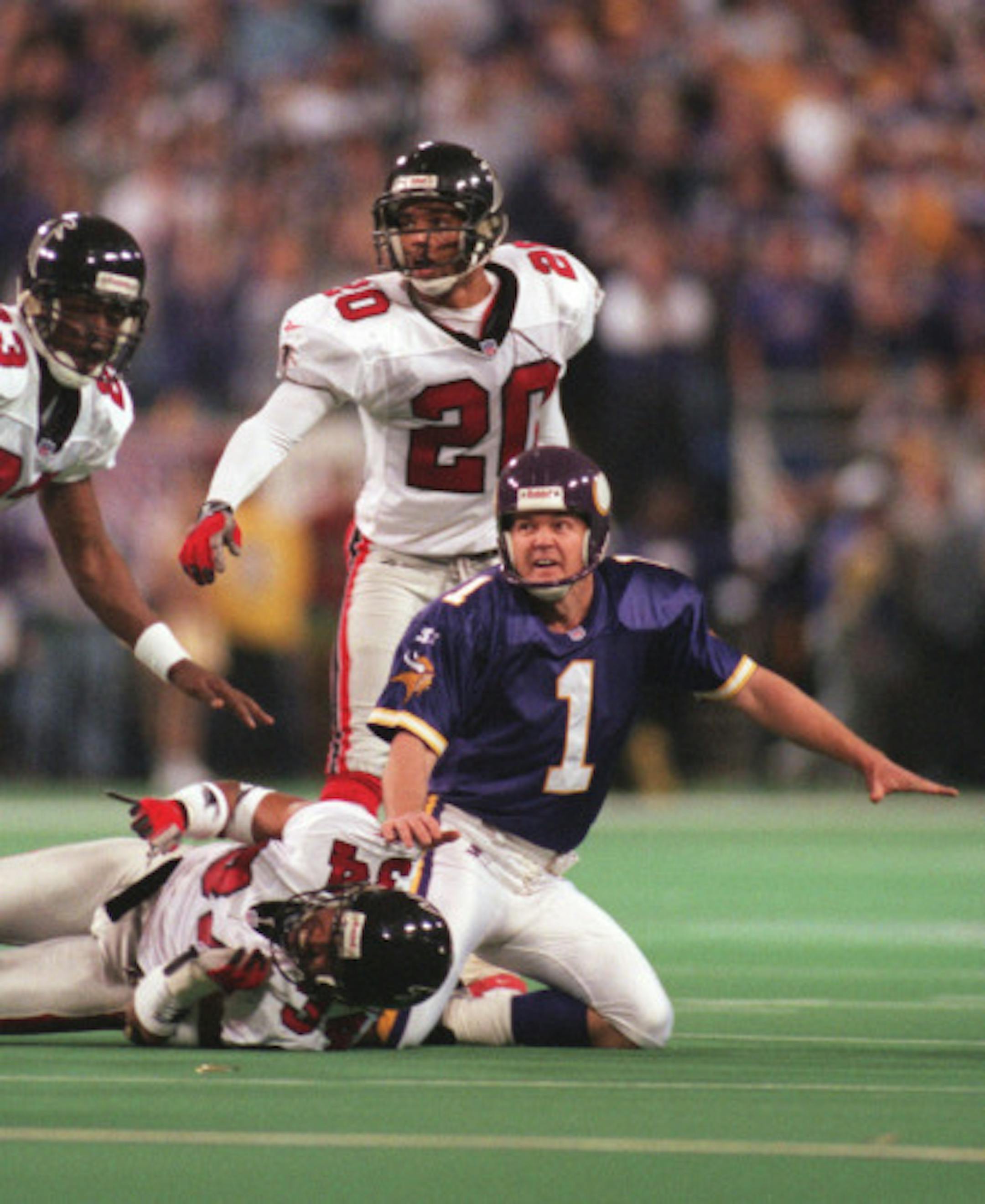 Vikings vs Atlanta for the NFC Championship at the Metrodome 1/17/99 -- After getting, what he thought was a late hit, Gary Anderson watches his kick miss the mark in the 4th quarter. His first miss of the year, and no doubt his most important.