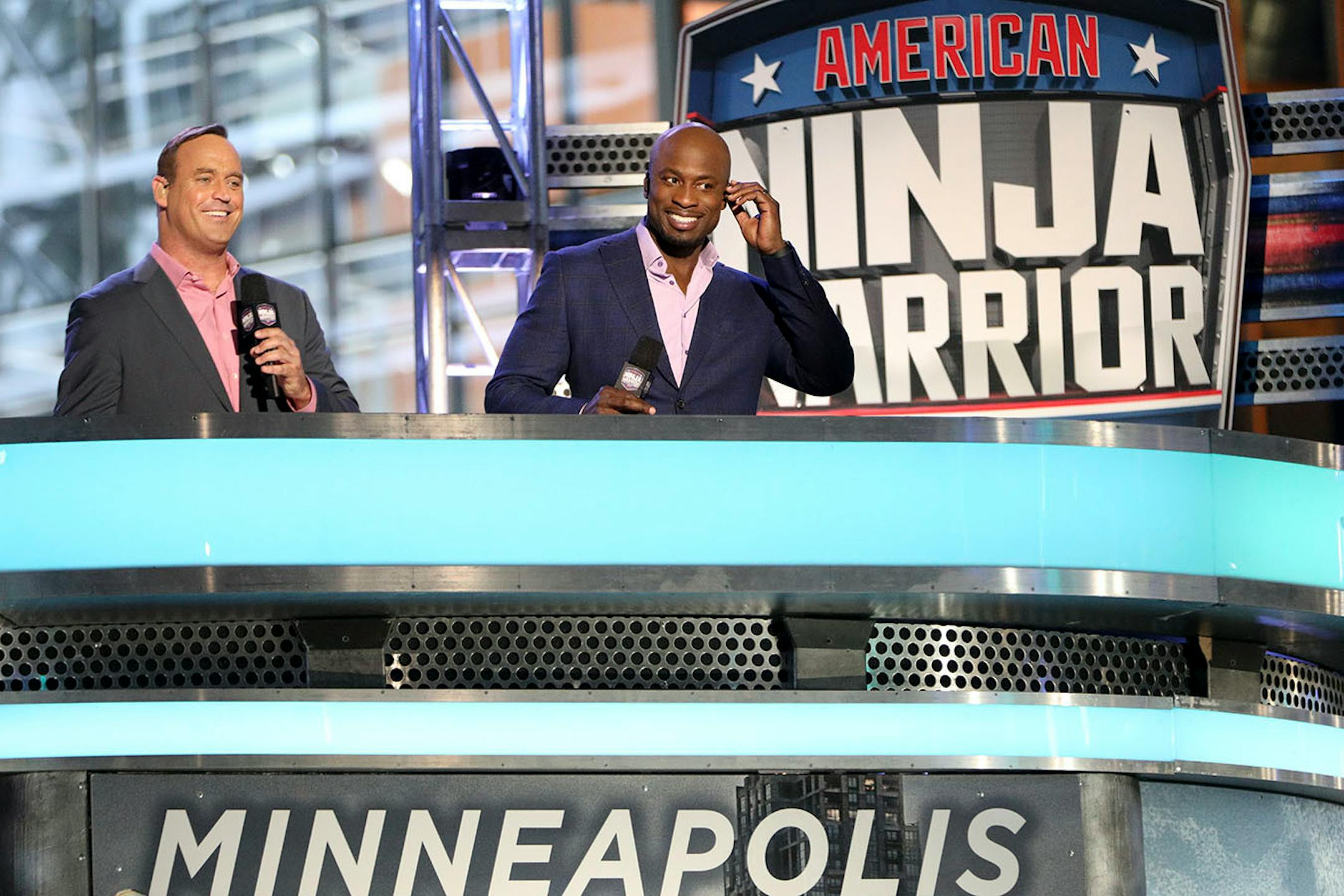 Hosts Matt Iseman and Akbar Gbaja-Biamila laughed from their set between taping.