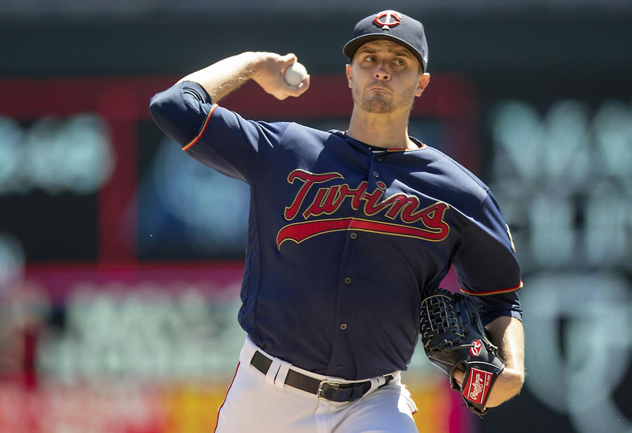 Twins starting pitcher Jake Odorizzi took to the mound during the first inning as the Twins took on the Los Angeles Angels at Target Field, Wednesday, May 15, 2019 in Minneapolis, MN. ] ELIZABETH FLORES • liz.flores@startribune.com