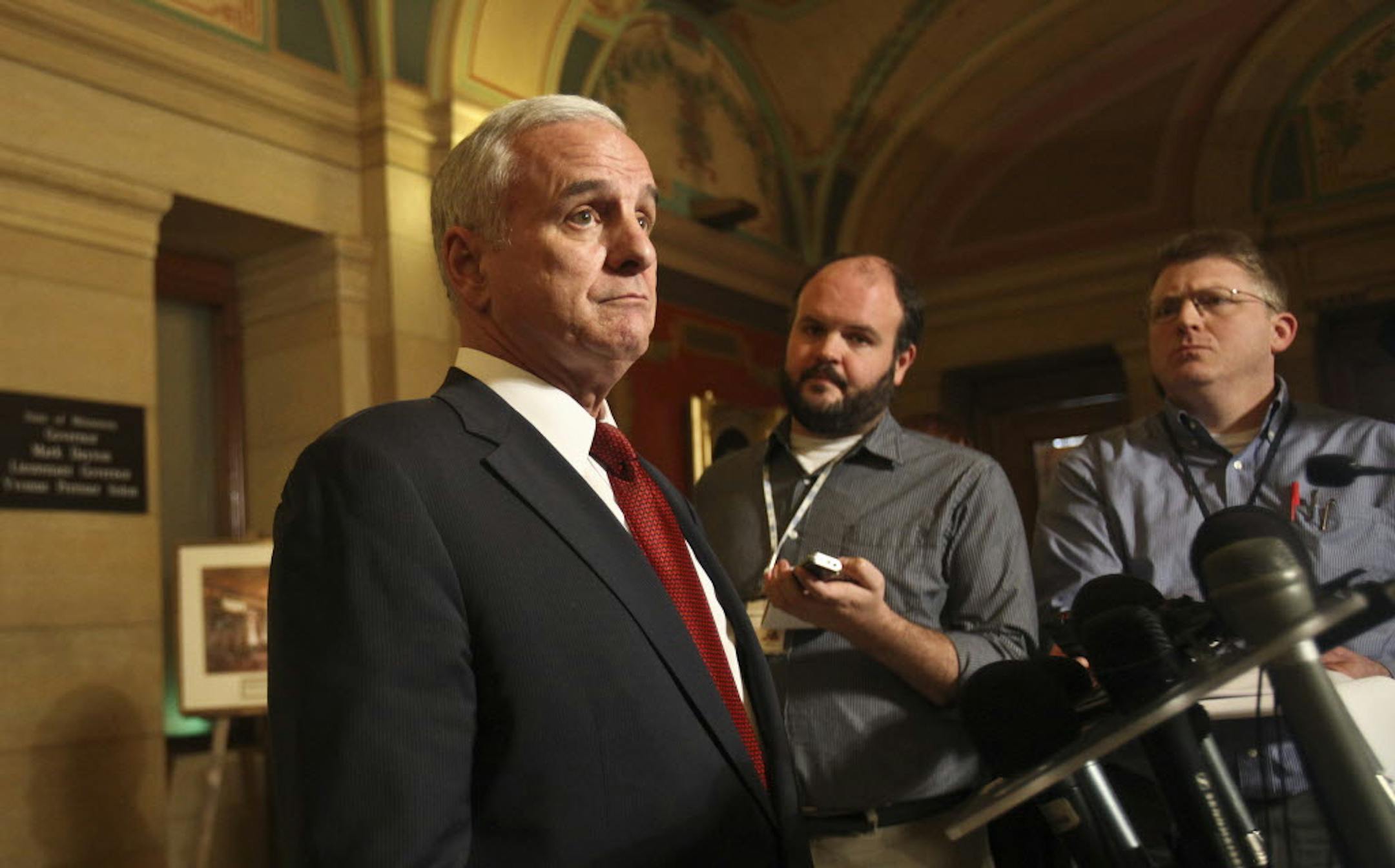 Gov. Mark Dayton talked to the media after meeting with Sen. Amy Koch and Rep. Kurt Zellers about the Vikings stadium.