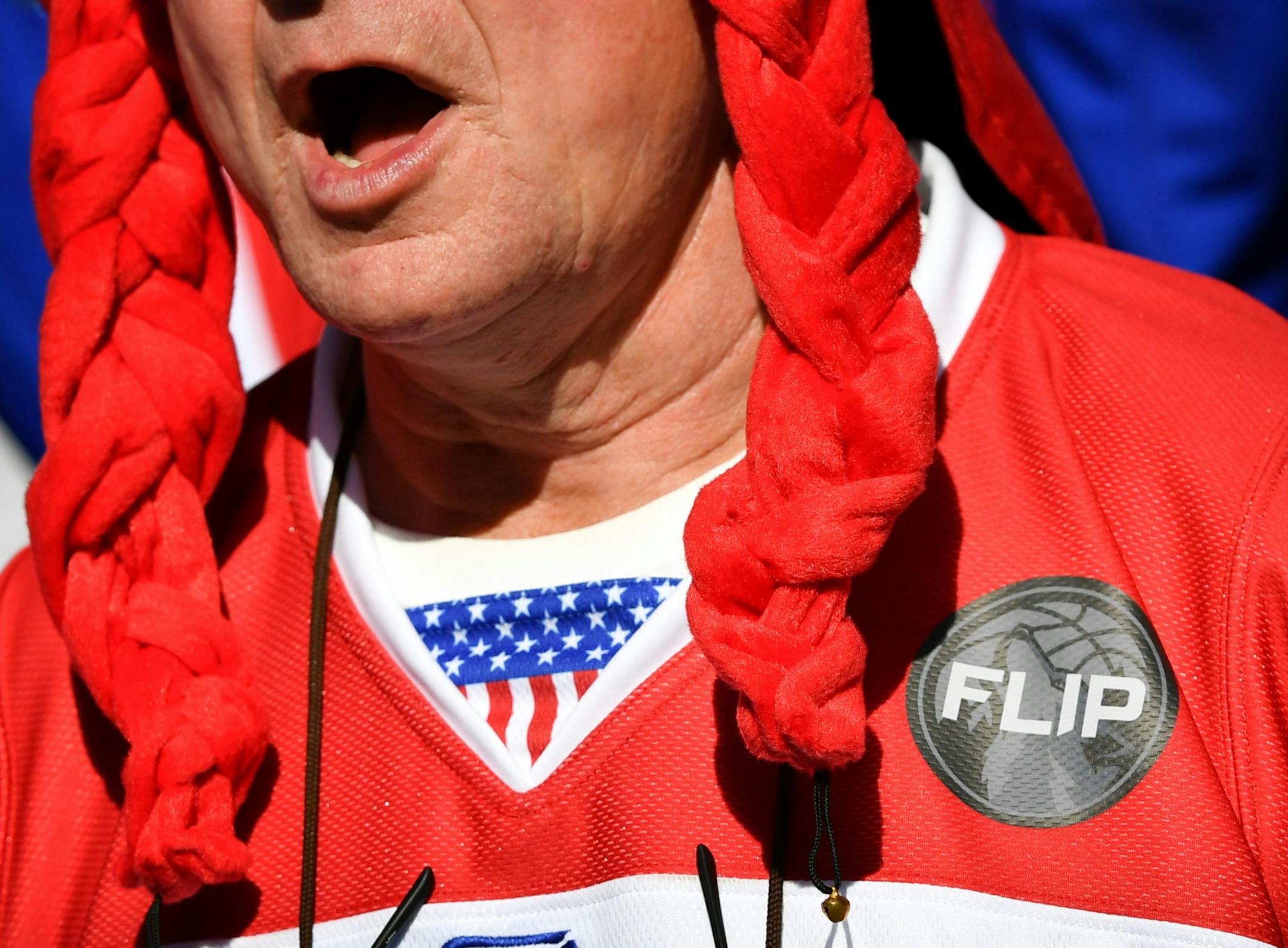 Some members where a Flip seal on their Jerseys for Flip Saunders, who used to be part of the group. Ryder Cup's American Marshals, a group of local fans who have attended recent Ryder Cups wandered through the State Fair deputizing citizen supporters, posing for selfies and serenading people with a Ryder oriented "You are my Sunshine." ] GLEN STUBBE * gstubbe@startribune.com Thursday, September 1, 2016 Feature story on the American Marshals, (6-12 folks at the fair today) a group of local fans