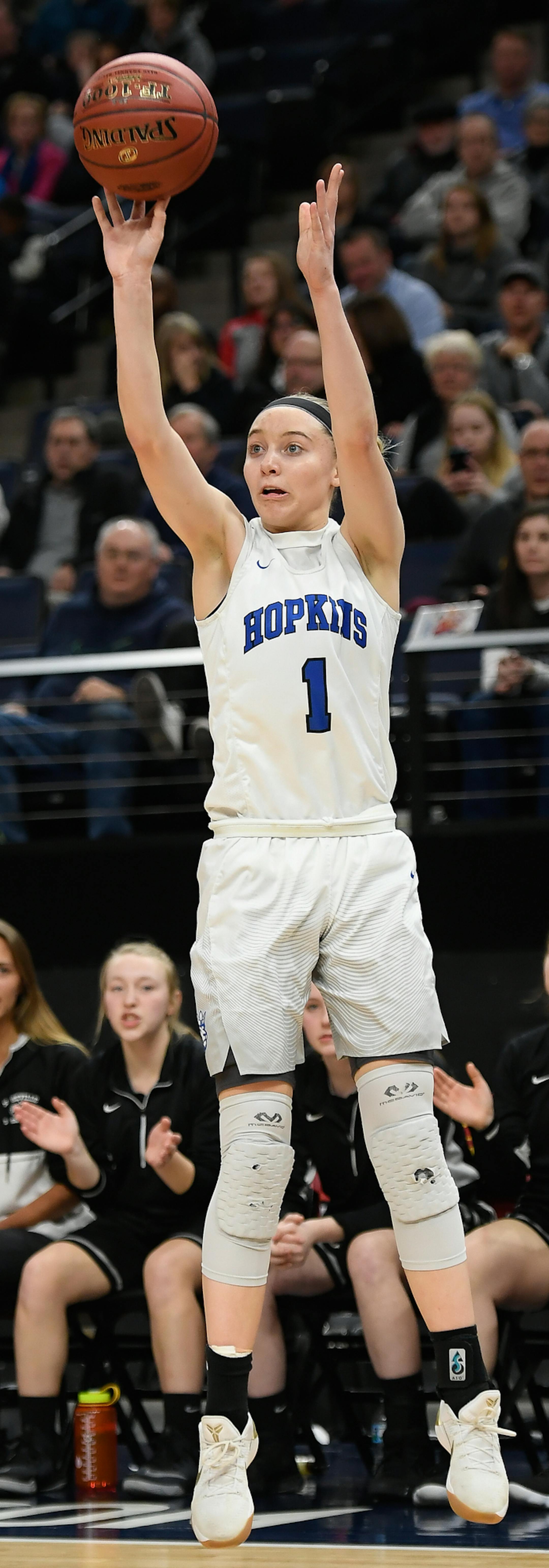 Hopkins guard Paige Bueckers (1) attempted a 3-point shot in the first half against Roseville. ] AARON LAVINSKY &#xef; aaron.lavinsky@startribune.com Lakeville North played Eastview in a Class 4A semifinal game on Thursday, March 15, 2018 at Target Center in Minneapolis, Minn.