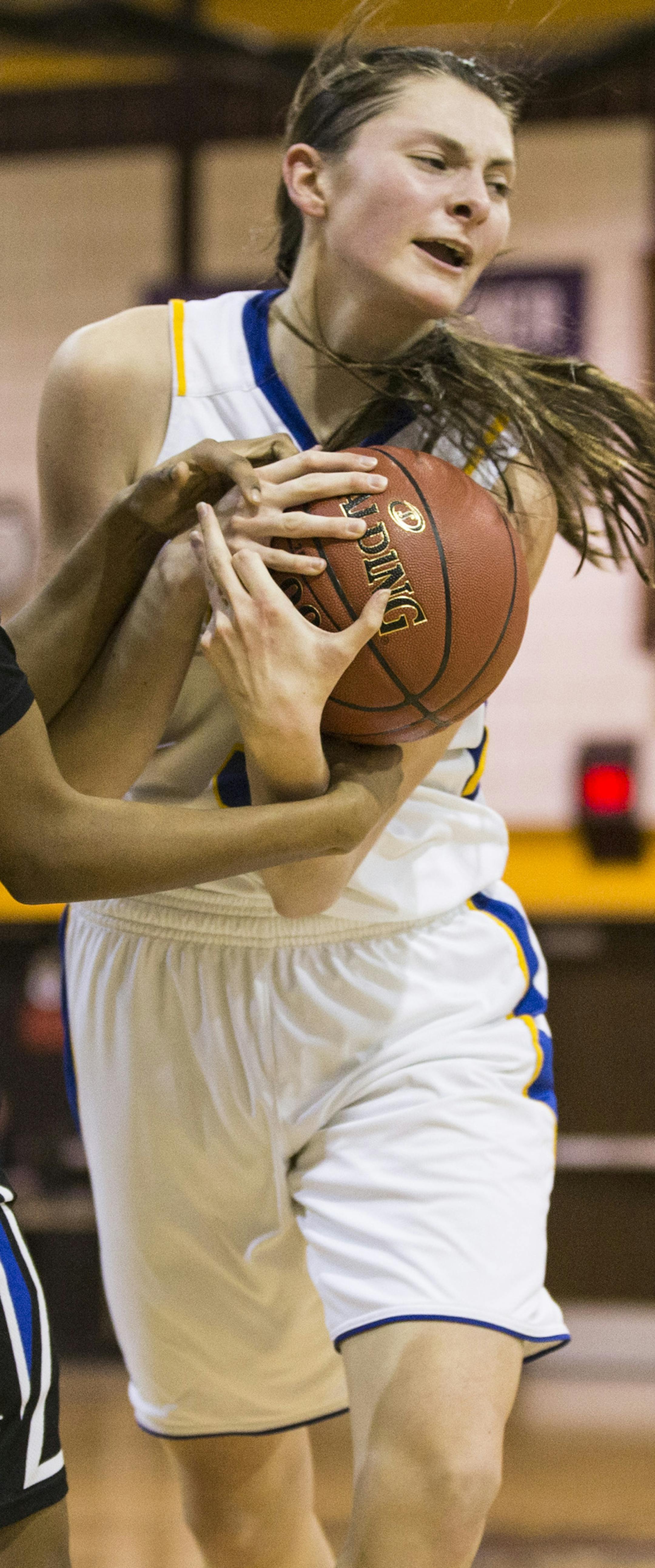 Wayzata's Kallie Theisen (3) tried to keep Hopkin's Raena Suggs (3) from stealing the ball in the first half. ] RENEE JONES SCHNEIDER • reneejones@startribune.com Hopkins played Wayzata at Roosevelt High School in the 6AAAA section finals on Tuesday, March 8, 2016, in Minneapolis, Minn.