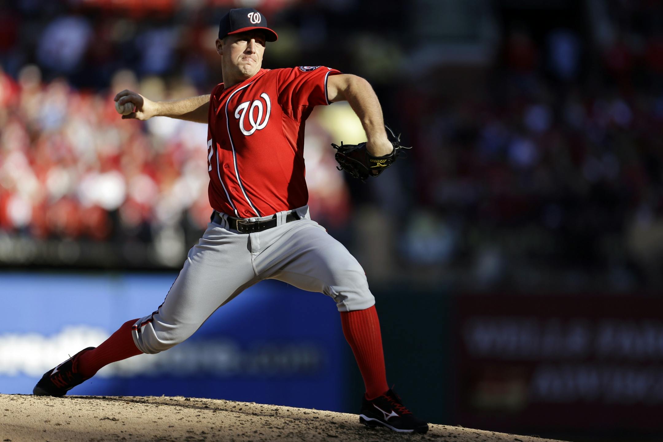 Washington Nationals starting pitcher Jordan Zimmermann throws during the second inning in Game 2 of baseball's National League division series against the St. Louis Cardinals, Monday, Oct. 8, 2012, in St. Louis.