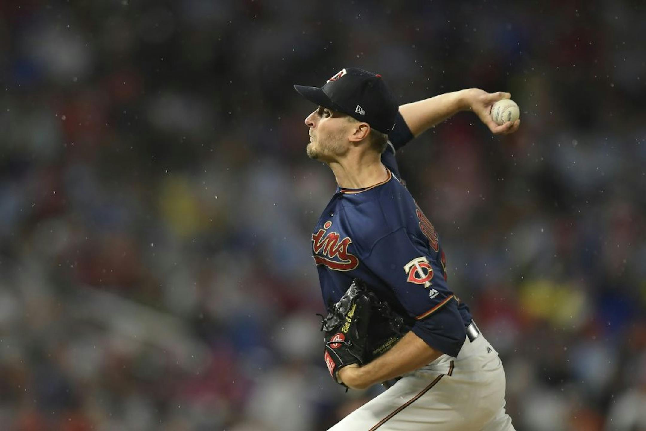 Minnesota Twins starting pitcher Jake Odorizzi (12) threw a pitch against the Cleveland Indians Saturday night.