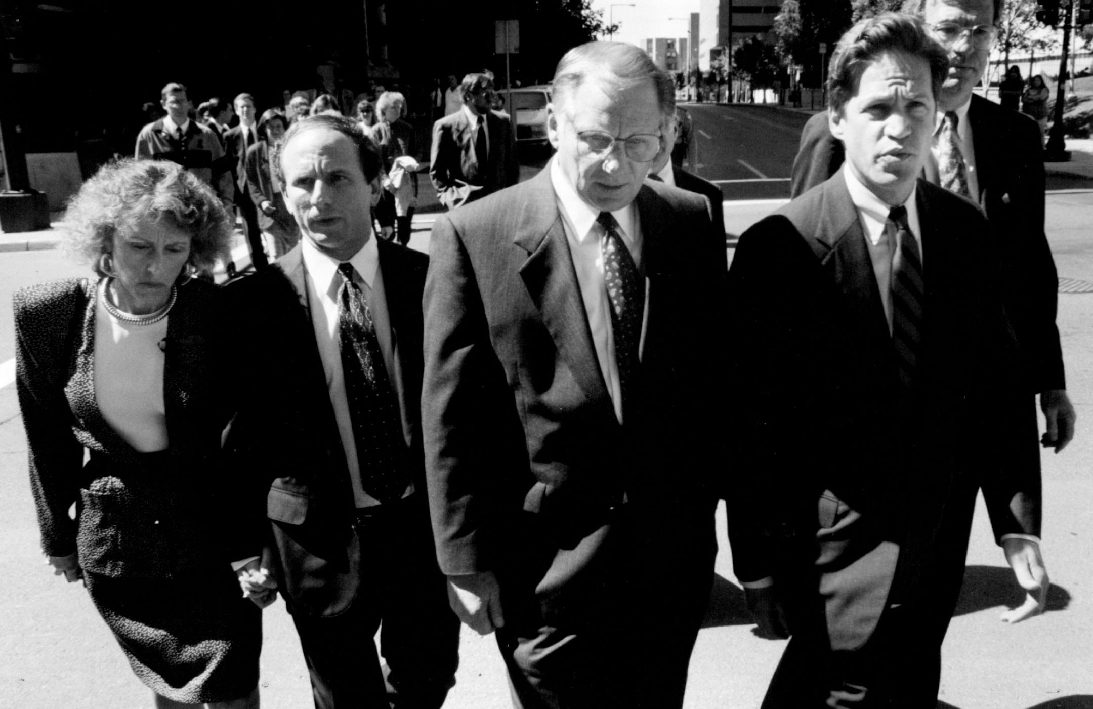 August 29, 1994: Left to Right: Sheila and Paul Wellstone, Gov. Arne Carlson and St. Paul mayor Nick Coleman led a procession of St. Paul city workers to the Central Presbyterian Church for the memorial service for police officers Ron Ryan Jr. and Tim Jones.