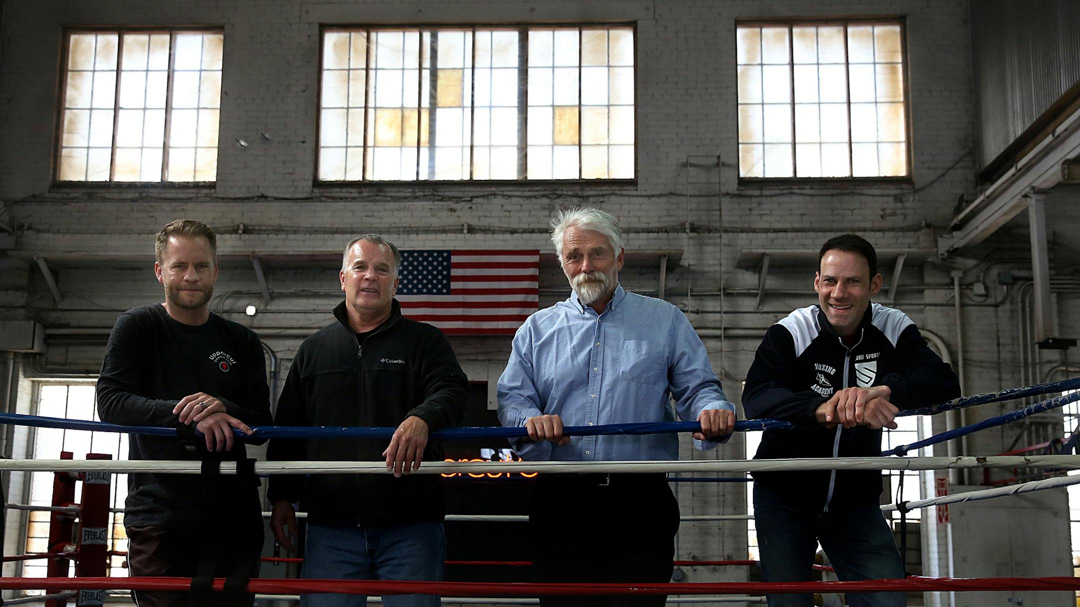(L to r) Jason Henderson, Bobby Brunette, Gordon Marino and Scott Tolzmann. ] JIM GEHRZ ï james.gehrz@startribune.com / Minneapolis, MN / April 25, 2015 /12:15 PM - BACKGROUND INFORMATION: Boxingís biggest moment in over a decade happens May 2, and we preview it with a special Patrick Reusse column on the sport cover. Patrick talks to three local boxing personalities at the Upper Cut Gym in Minneapolis, and the local guys will be at the legendary Minneapolis gym, telling stories, watch