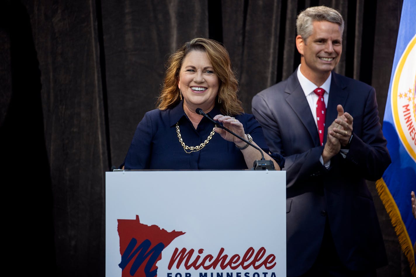 Republican Sen. Michelle Benson, alongside her family including her husband Craig, made the announcement to launch her campaign for governor, Wednesday, September 1, 2021 in Blaine, MN. ] ELIZABETH FLORES • liz.flores@startribune.com