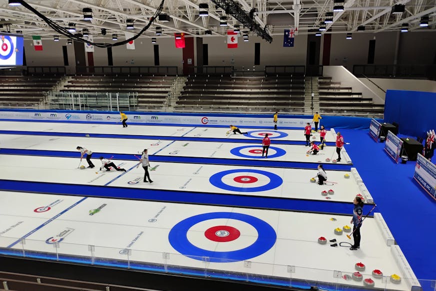 Curlers hone their craft during a women's team practice session on Oct. 20 at the Pan Continental Curling Championships at the Iron Trail Motors Event Center in Virginia, Minn. The tournament ended Sunday with China winning the women's gold medal and Canada winning the men's gold medal.