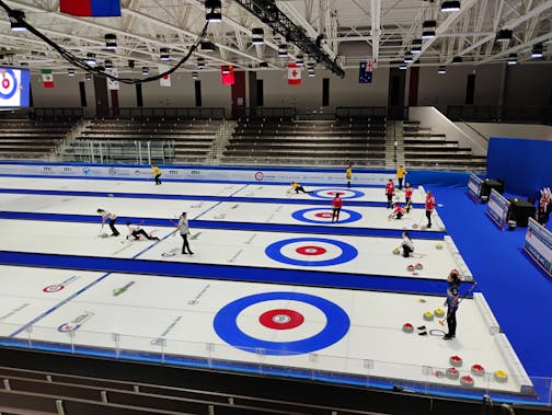 Curlers hone their craft during a women's team practice session on Oct. 20 at the Pan Continental Curling Championships at the Iron Trail Motors Event Center in Virginia, Minn. The tournament ended Sunday with China winning the women's gold medal and Canada winning the men's gold medal.