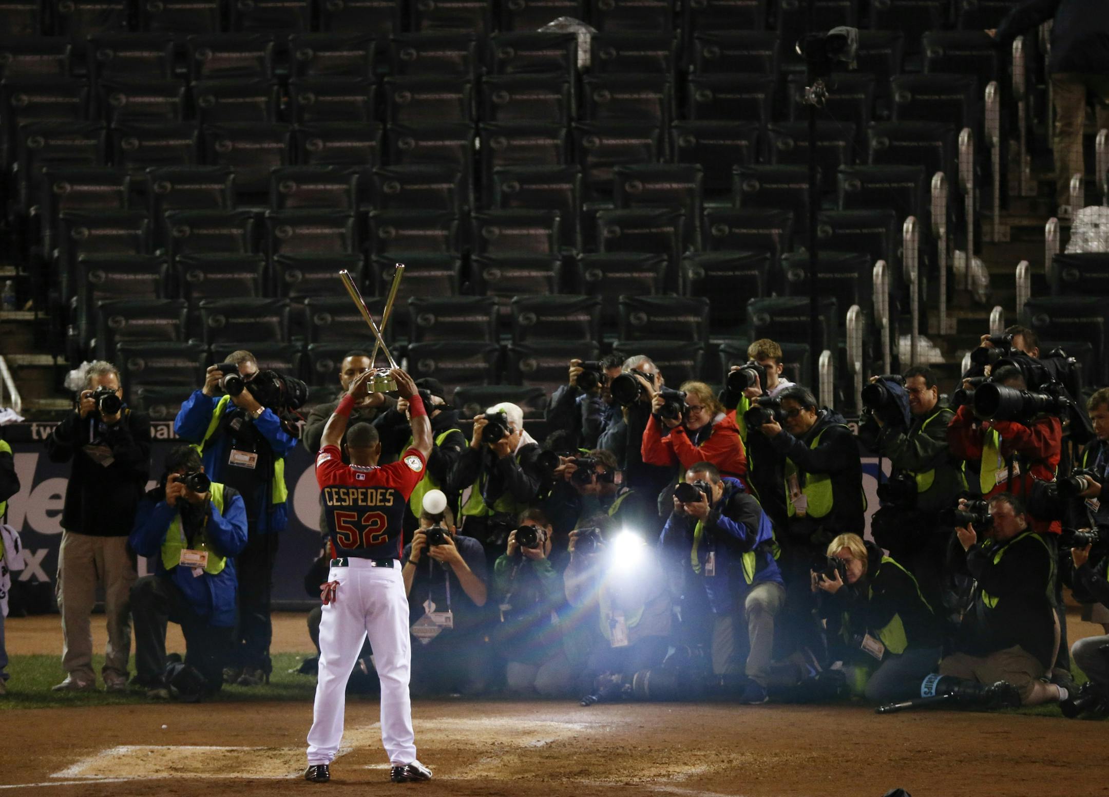 Yoenis Cespedes of the Oakland A's beat Todd Frazier of the Cincinnatti Reds 9 - 1 in their championship round match in the Home Run Derby Monday night. ] JEFF WHEELER ‚Ä¢ jeff.wheeler@startribune.com The Home Run Derby was held Monday night, July 14, 2014 at Target Field in Minneapolis.