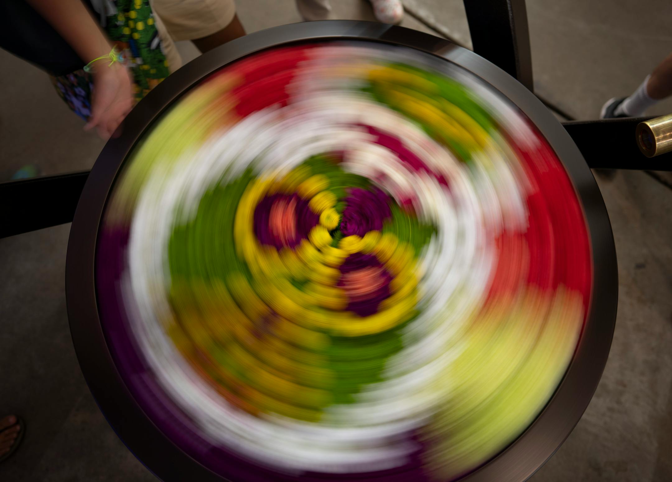 A spinning arrangement of fresh cut flowers in the Agriculture Building on the first day of the Minnesota State Fair.