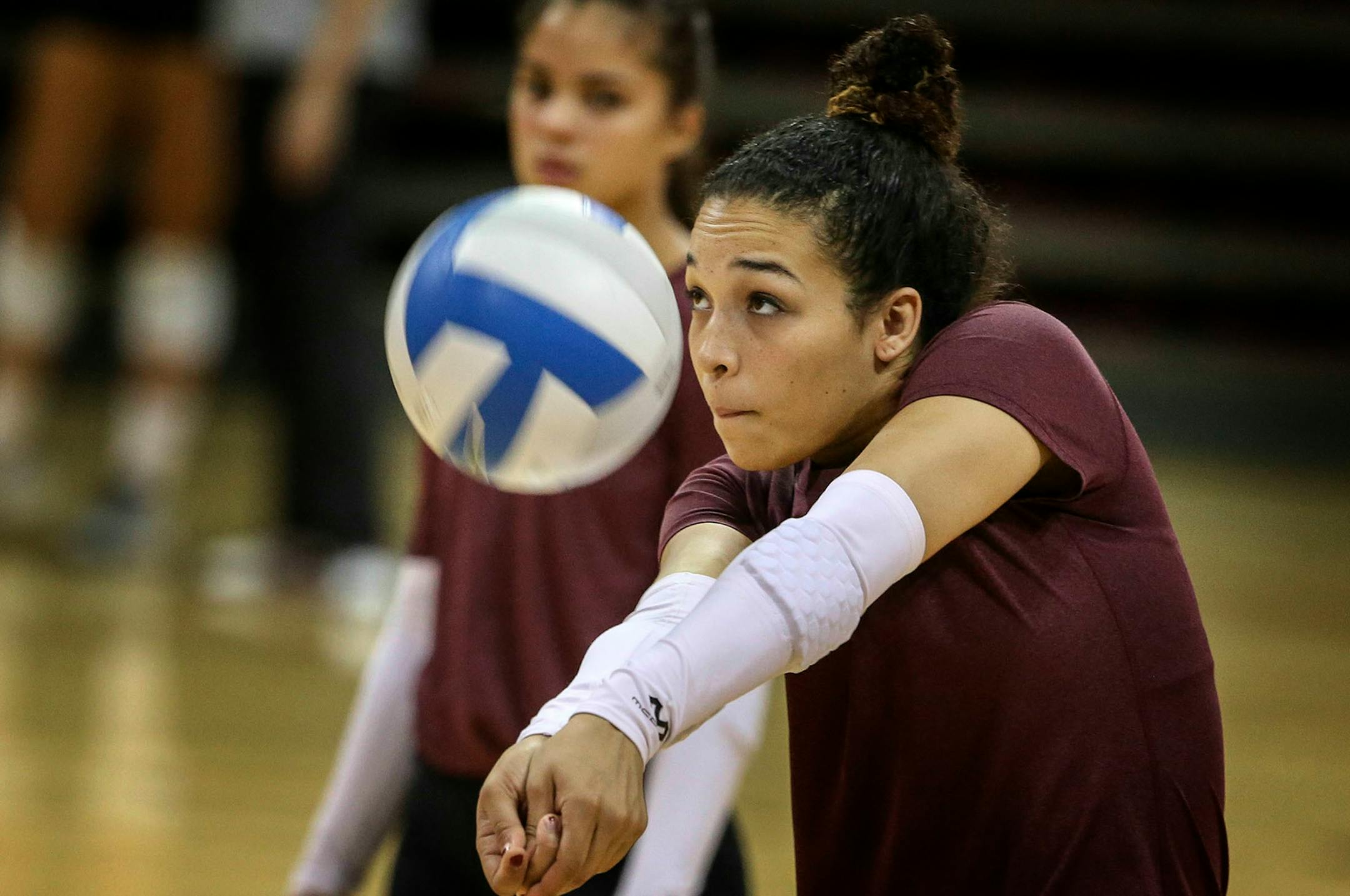 University of Minnesota women's volleyball player Daly Santana who played for the Puerto Rican National Team, bumps during practice at the Sports Pavillion Wednesday, Aug. 27, 2014, in Minneapolis, MN.] (DAVID JOLES/STARTRIBUNE) djoles@startribune Gophers volleyball season preview, with chart. The Gophers are ranked 12th in the preseason polls, but return only three upperclassmen. ORG XMIT: MIN1408281149399520