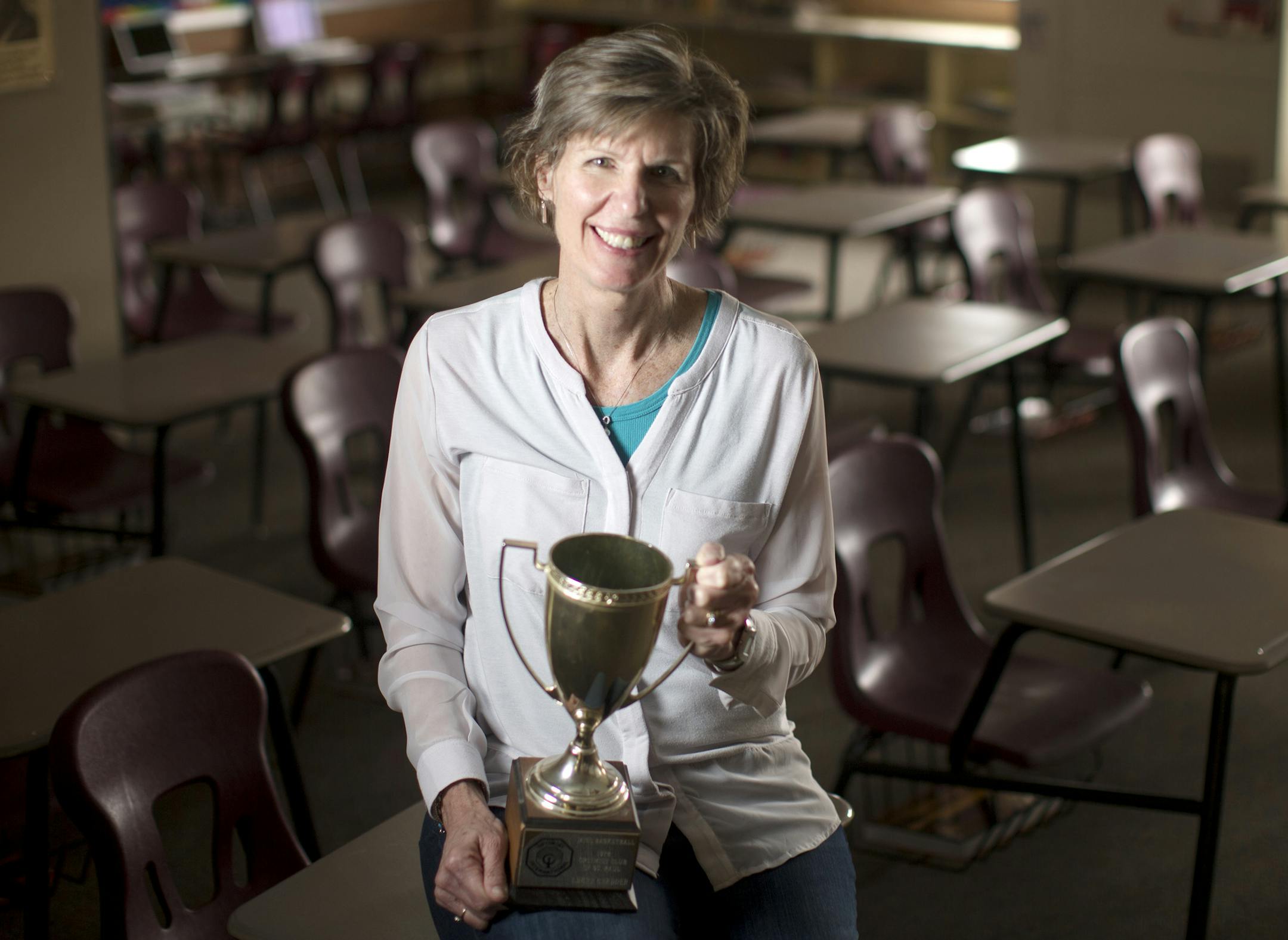 Portrait of Laura Gardner Stromgren at Valley View middle school where she is a social studies teacher April 6,2016 in Bloomington, MN. In 1978 Laura Gardner Stromgren was the first to ever win MS basketball, she played at Bloomington Jefferson High School. ] Jerry Holt/Jerry.Holt@Startribune.com