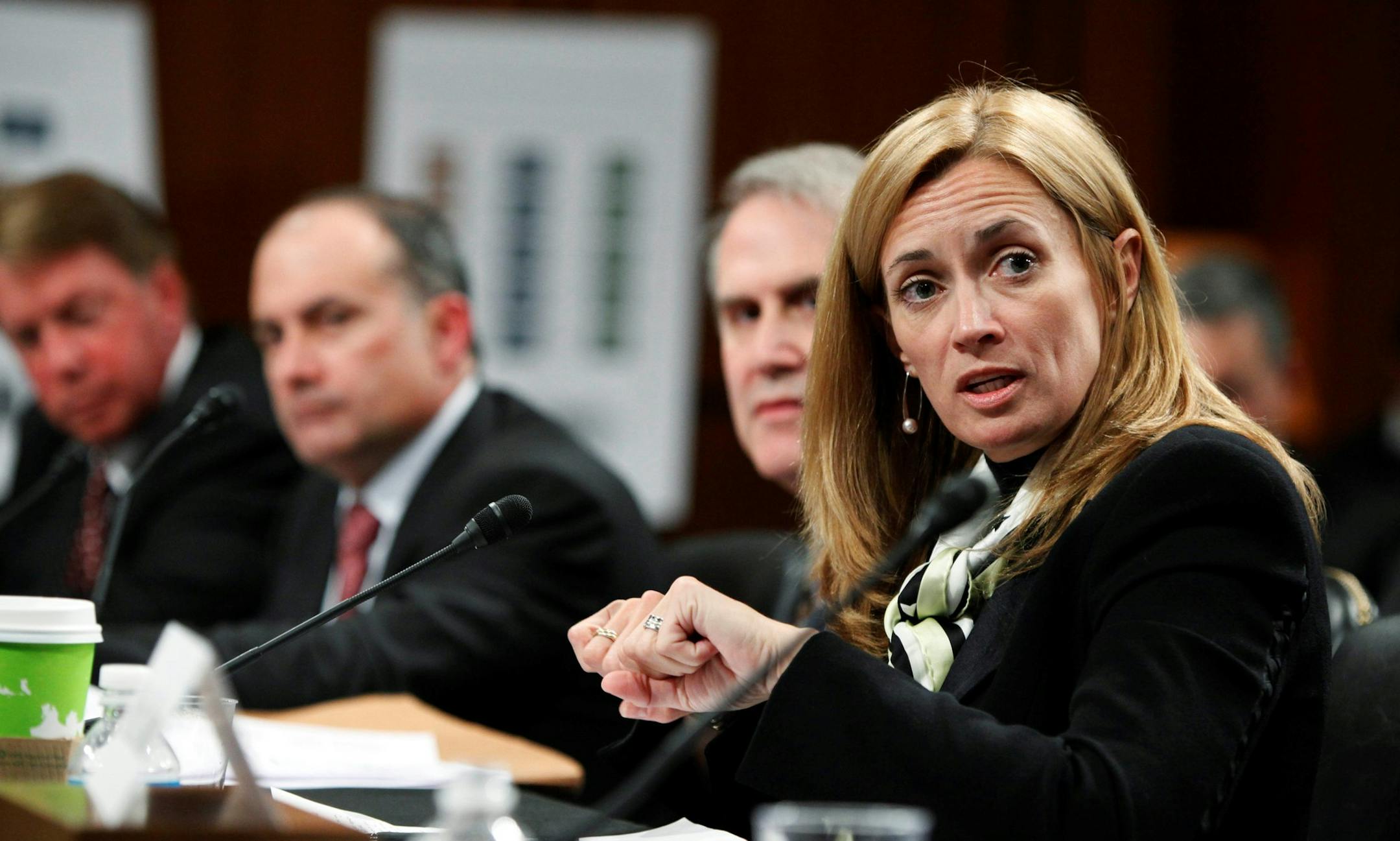 Blythe Masters, managing director and head of Global Commodities Group, JPMorgan Chase & Co., New York, right, testifies on Capitol Hill in Washington, Wednesday, Dec. 2, 2009, before the Senate Agriculture Committee hearing on over the counter derivatives and efforts to address systemic risk in the financial sector. From left are, CME Group Executive of Chicago Chairman Terrence Duffy; Intercontinental Exchange (ICE) of Atlanta Senior Vice President Johnathan Short; The Depository Trust & Clear