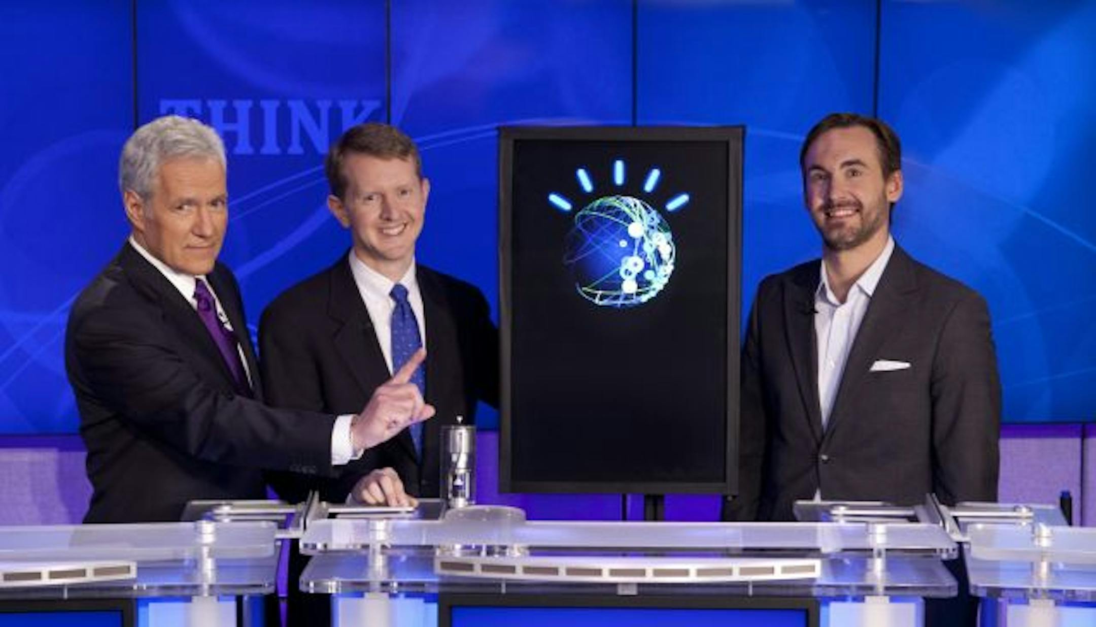 "Jeopardy!" host Alex Trebek, left, with contestants Ken Jennings, center, and Brad Rutter and the IBM computer Watson, which recently competed on the show.
