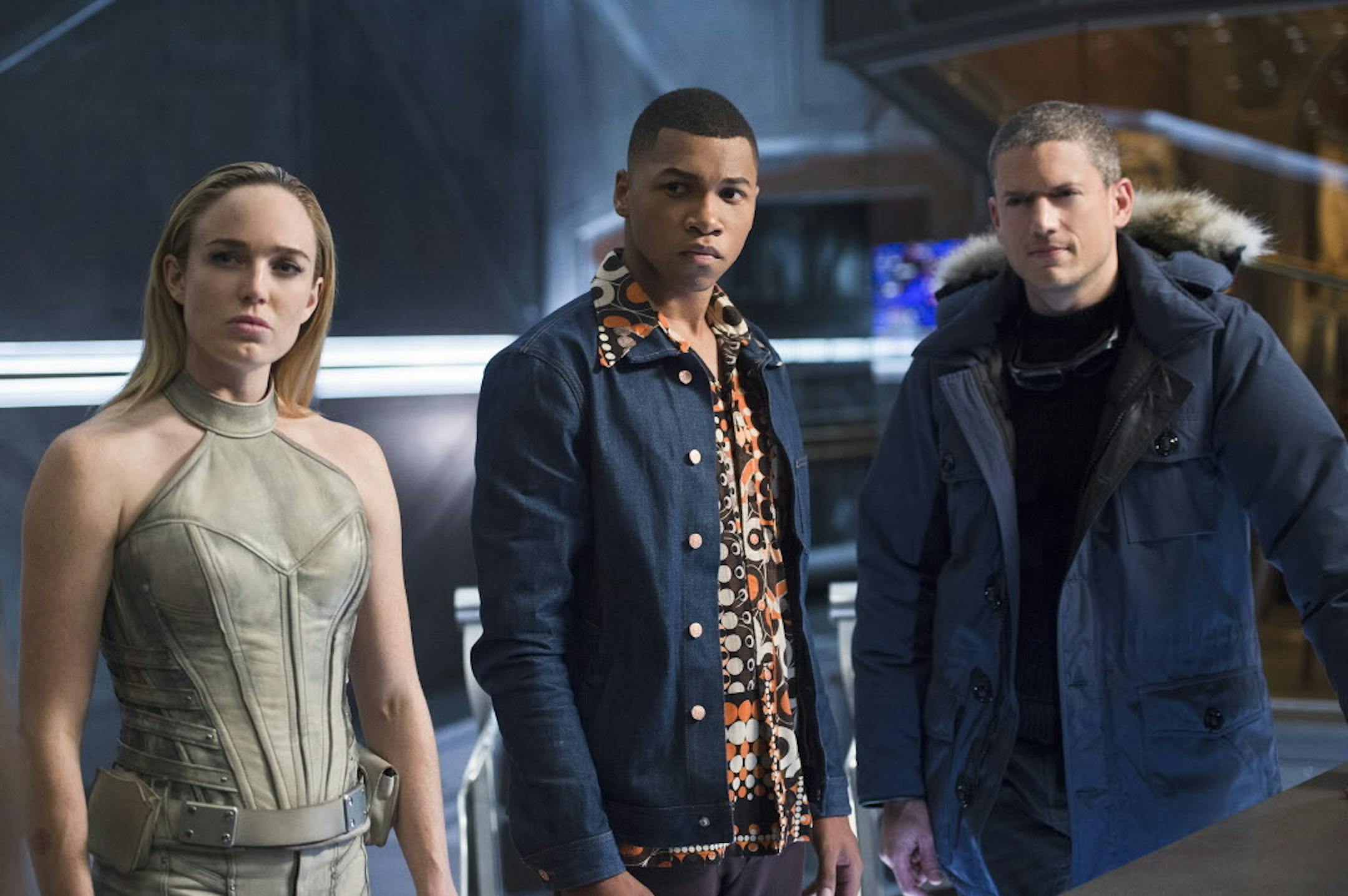 Caity Lotz as Sara Lance/White Canary, Franz Drameh as Jefferson "Jax" Jackson and Wentworth Miller as Leonard Snart/Captain Cold in " Legends of Tomorrow."