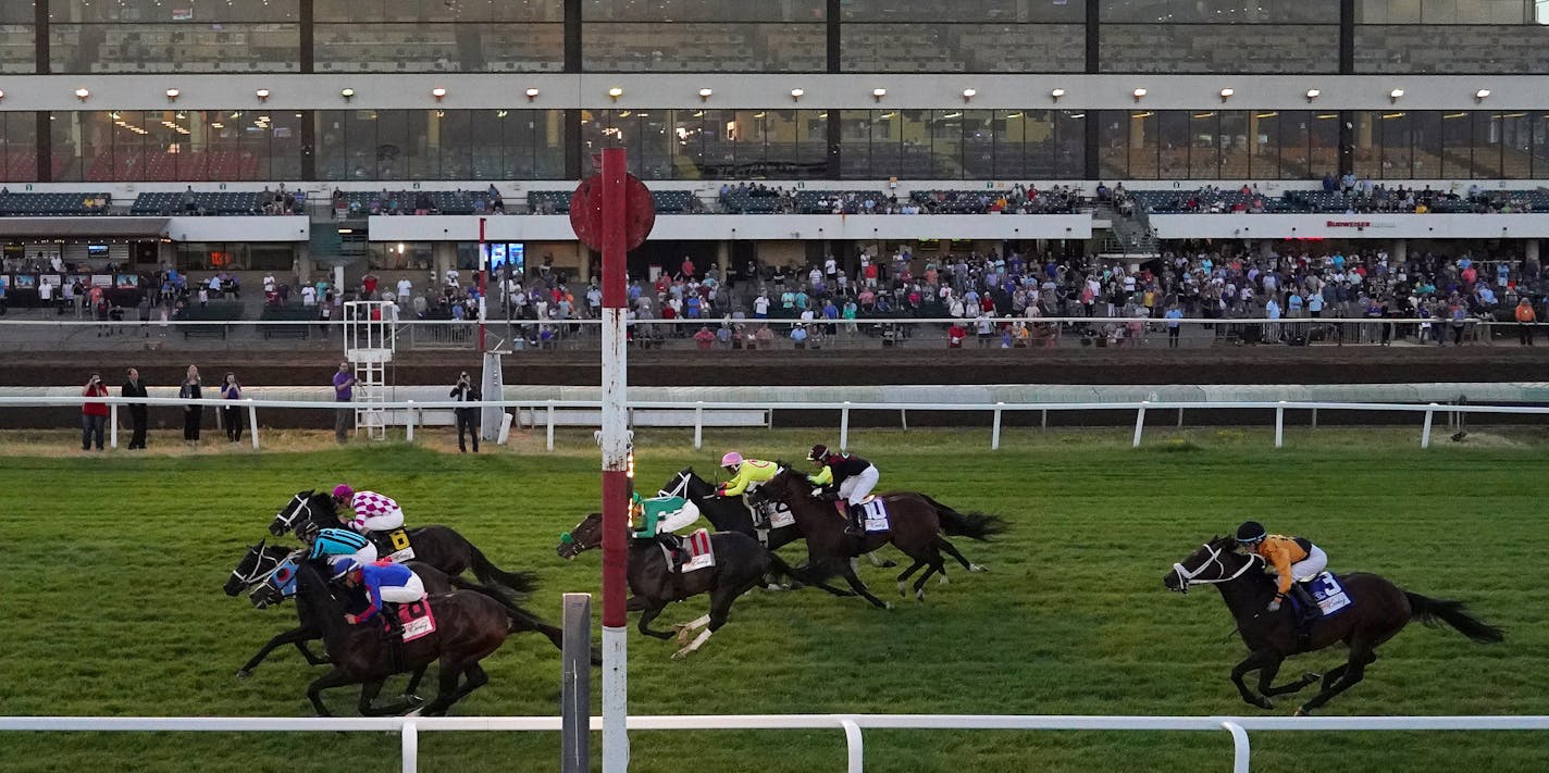 King Of Miami, center, son of American Pharoah and ridden by Jareth Loveberry, beat out Modern Science and favorite T-D Dance to win the Mystic Lake Derby on the turf Wednesday at Canterbury Park. ] ANTHONY SOUFFLE • anthony.souffle@startribune.com