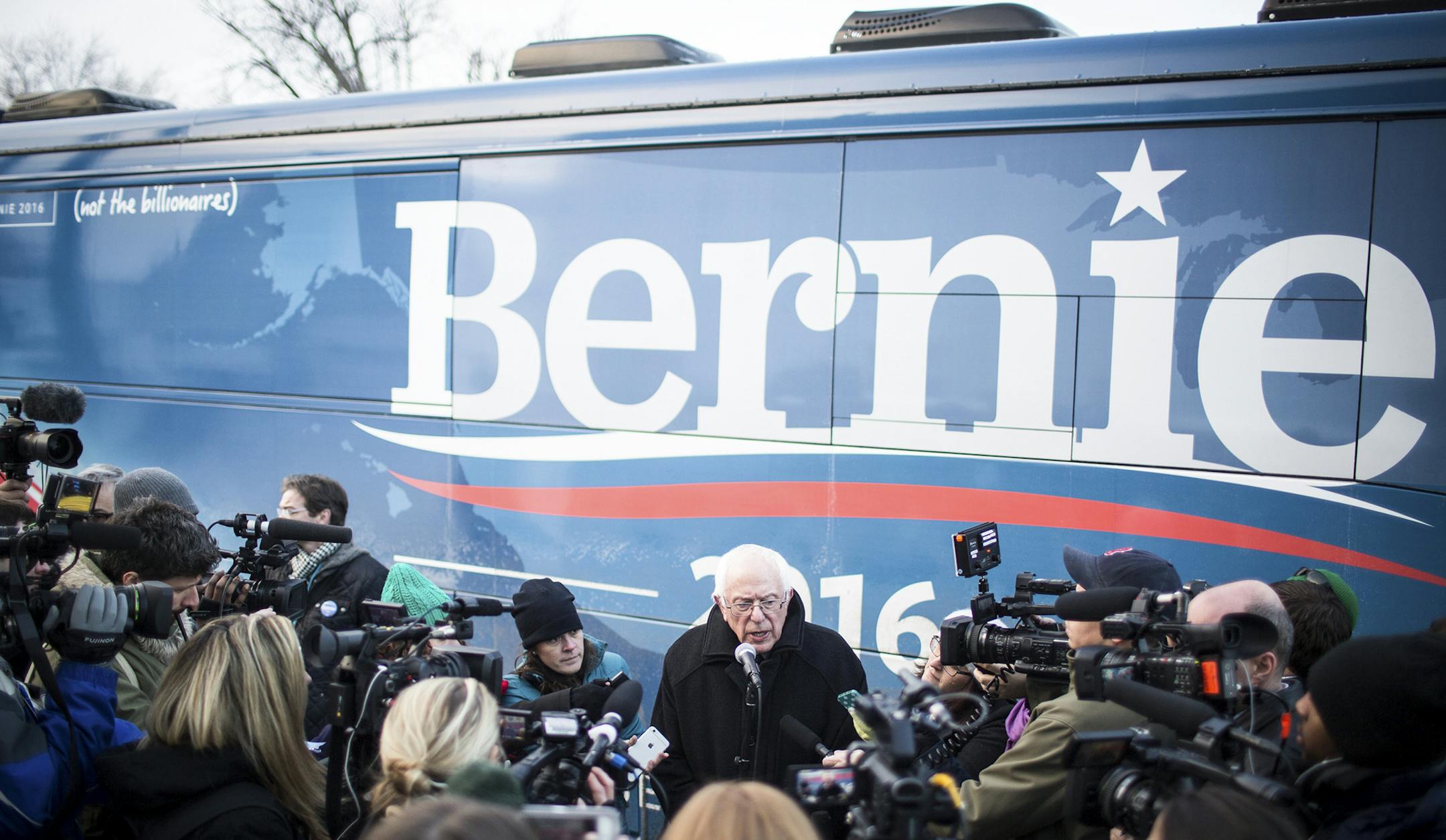 Democratic presidential candidate Sen. Bernie Sanders (I-Vt.) speaks to reporters after a campaign event at a UMBA Hall Underwood, Iowa, Jan. 19, 2016. Sanders has closed the gap with Hillary Clinton in Iowa, a state that helped propel Barack Obama in 2008, and which is critical to Sanders&#xed;s chances in 2016. (Max Whittaker/The New York Times) ORG XMIT: MIN2016012012272748