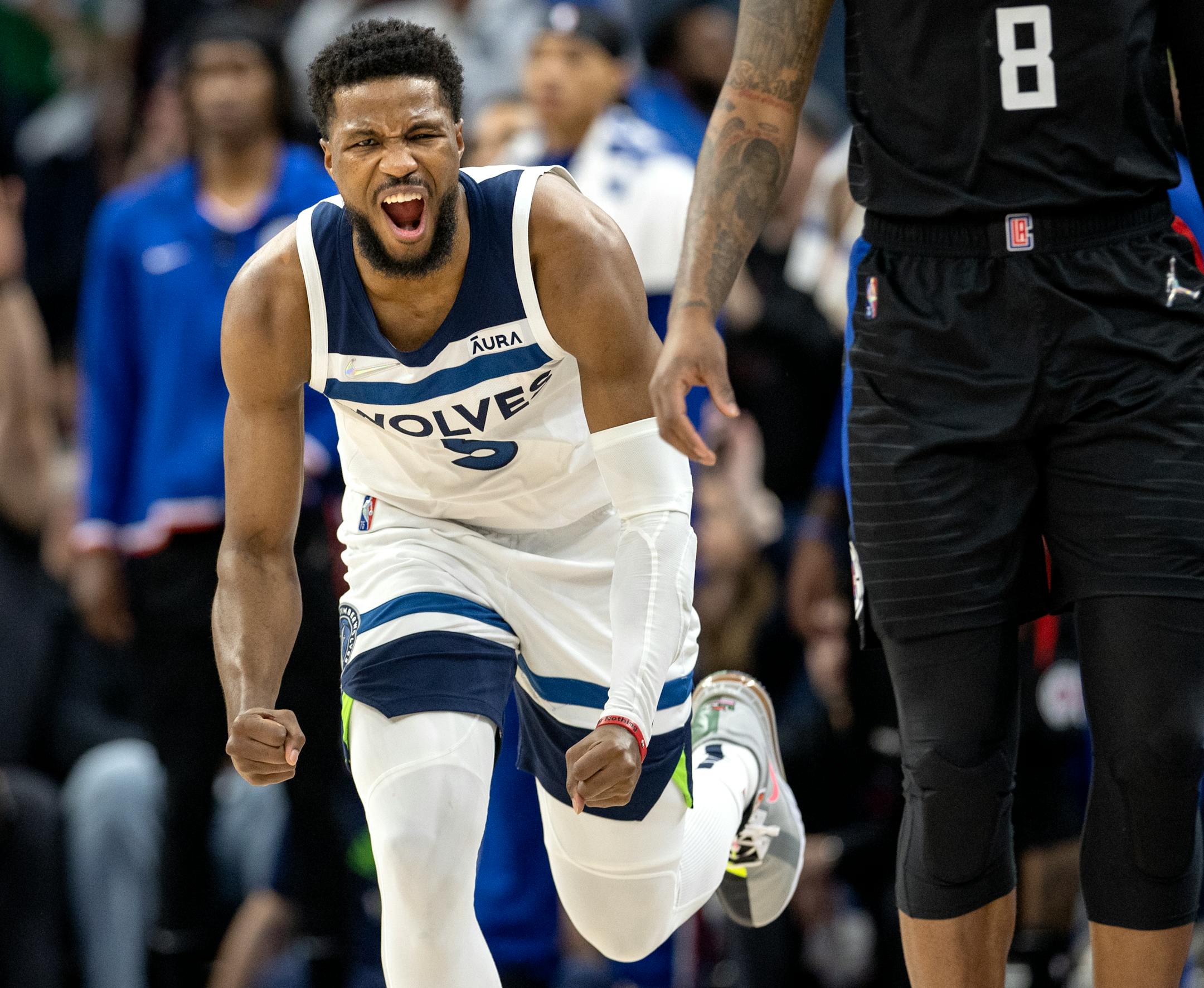 Malik Beasley (5) of the Minnesota Timberwolves reacts after making a three pointer in the second quarter.