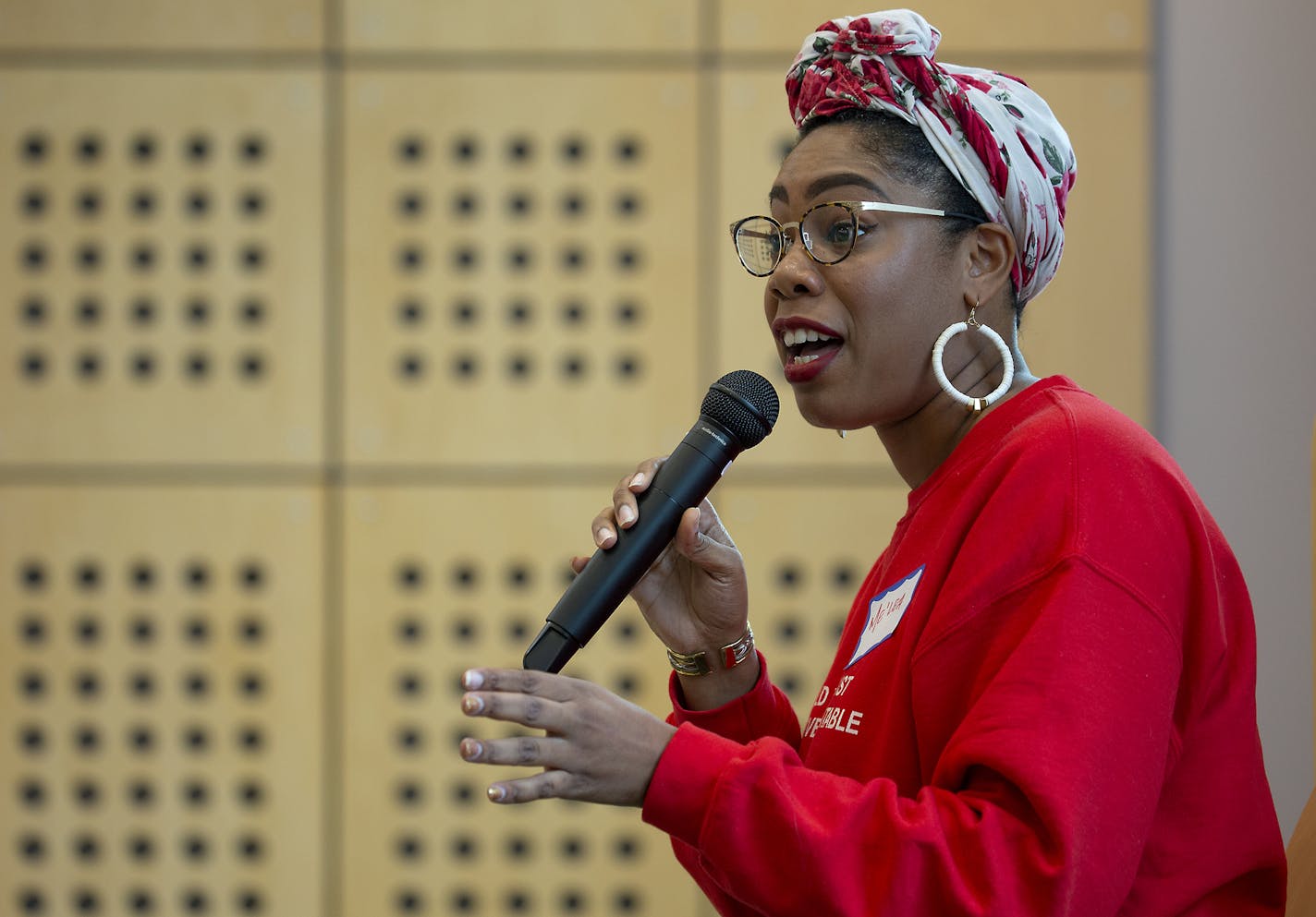 Me'Lea Connelly, who founded a credit union to invest in black businesses, led a discussion regarding black economic resistance to a group at the United Theological Seminary, Wednesday, April 24, 2019 in St. Paul, MN.