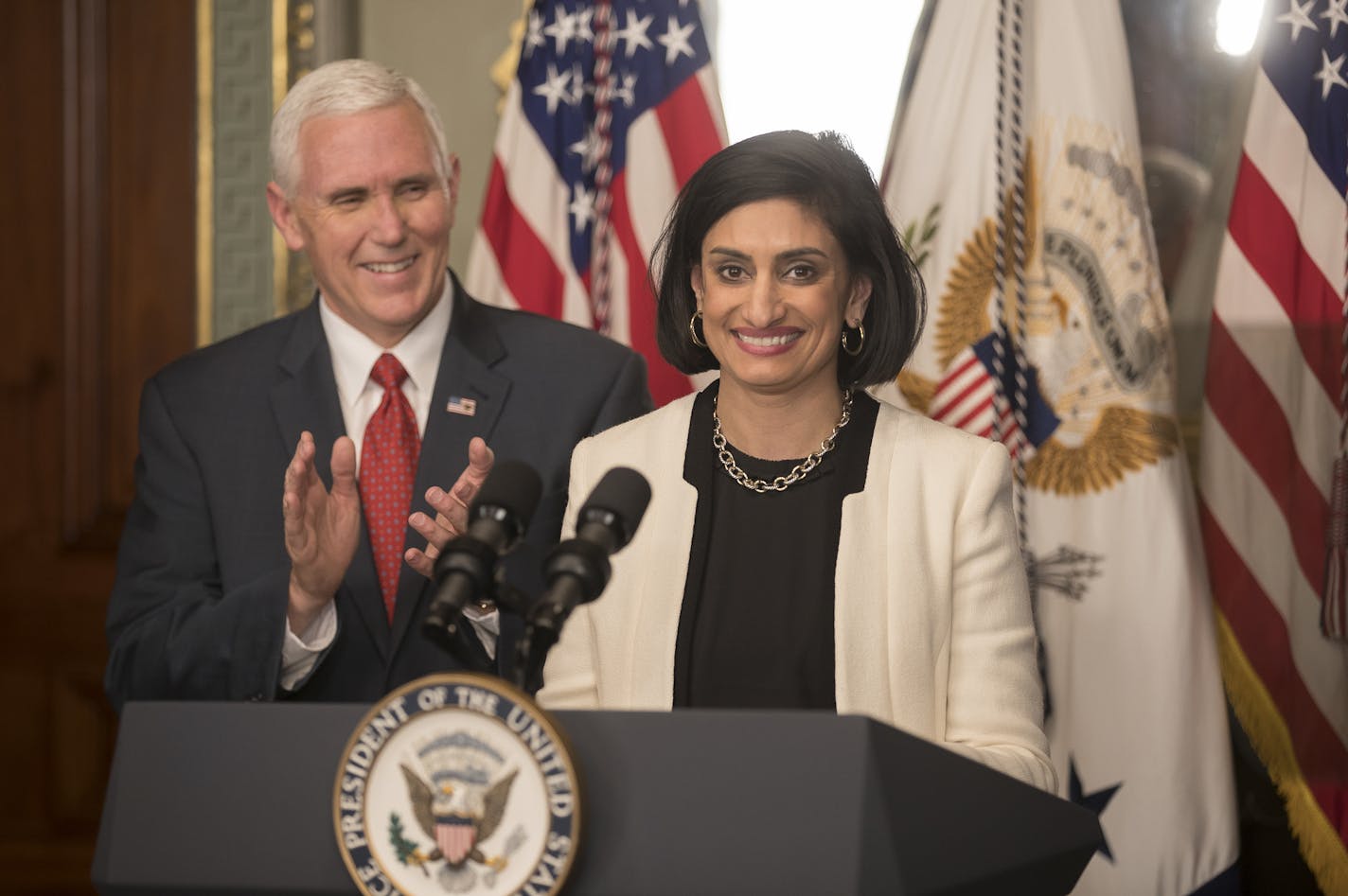 Seema Verma, the new administrator of the Centers for Medicare and Medicaid Services, is shown with Vice President Mike Pence after being sworn in Tuesday.