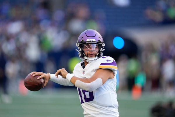 This was one of the few times Vikings rookie quarterback Jaren Hall wasn’t under pressure against the Seahawks last week. Will the offensive line gi
