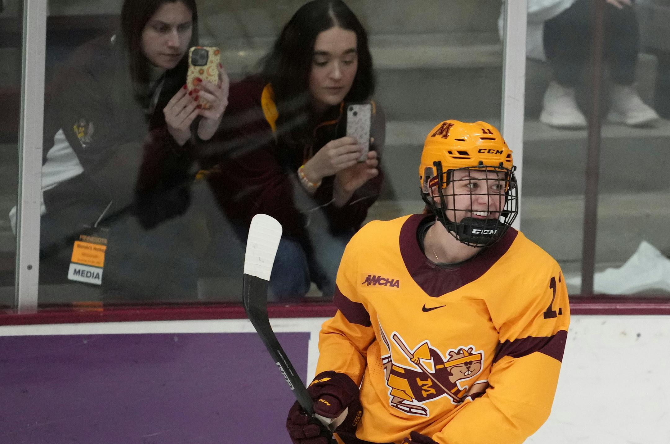Minnesota forward Josefin Bouveng (11) smiles after scoring in the second period of an NCAA women's hockey game between the Minnesota Golden Gophers and the Wisconsin Badgers Saturday, Dec. 9, 2023 at Ridder Arena in Minneapolis. ] ANTHONY SOUFFLE • anthony.souffle@startribune.com
