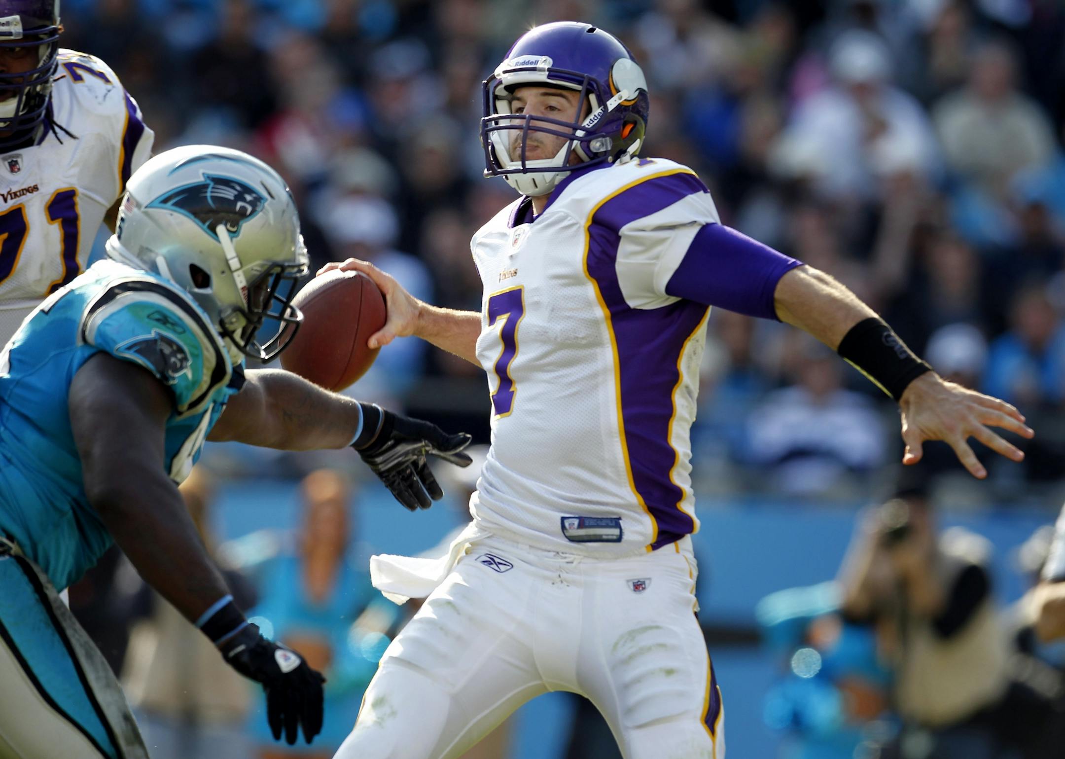 Vikings quarterback Christian Ponder (7) attempted a pass under pressure in the fourth quarter.