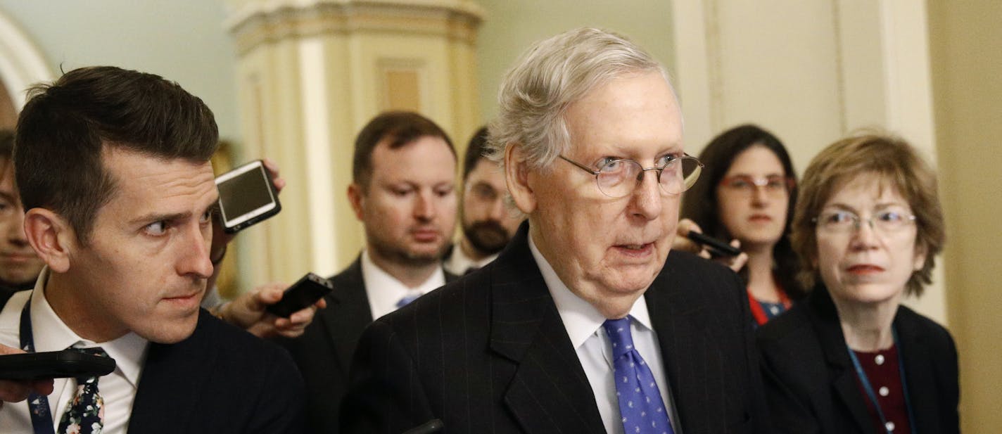 Senate Majority Leader Mitch McConnell of Ky., speaks with reporters after walking off the Senate floor, Thursday, Dec. 19, 2019, on Capitol Hill in Washington. (AP Photo/Patrick Semansky)