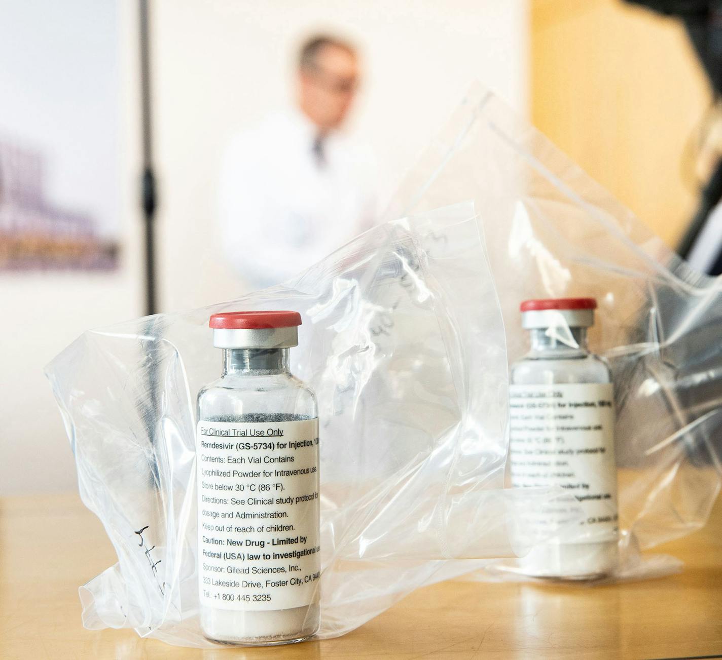 Vials of the drug Remdesivir on display during a news conference about the start of a study with use of the drug in severely ill patients at the University Hospital Eppendorf in Hamburg, Germany, on April 8, 2020, amid the coronavirus pandemic. (Ulrich Perrey/Pool/AFP/Getty Images/TNS) ORG XMIT: 1665550