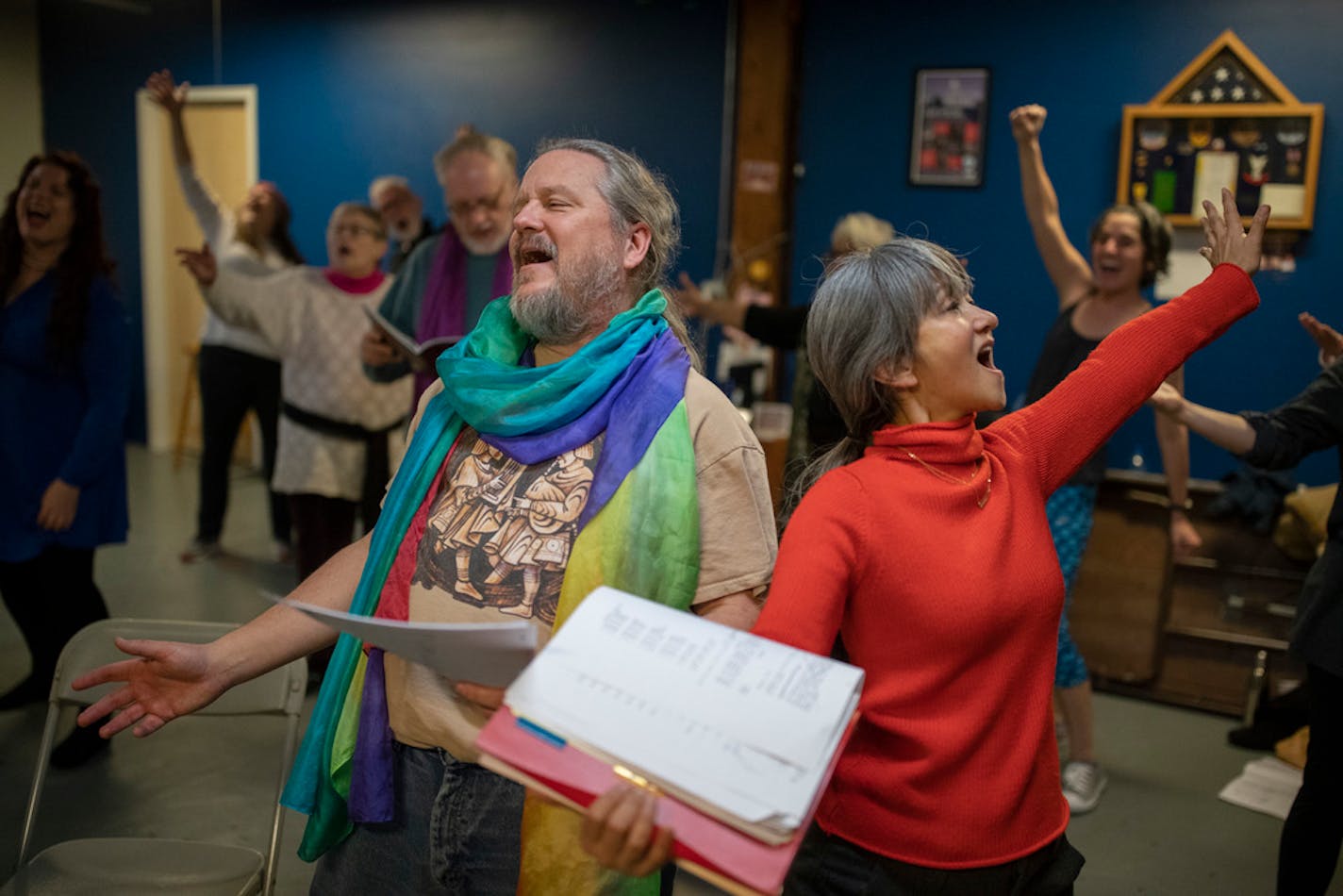 Dave Eckenrode, an actor and volunteer sensitivity coach, rehearsed with Sandy Agustin for Theatre 55's "Hair," opening Thursday at Mixed Blood.