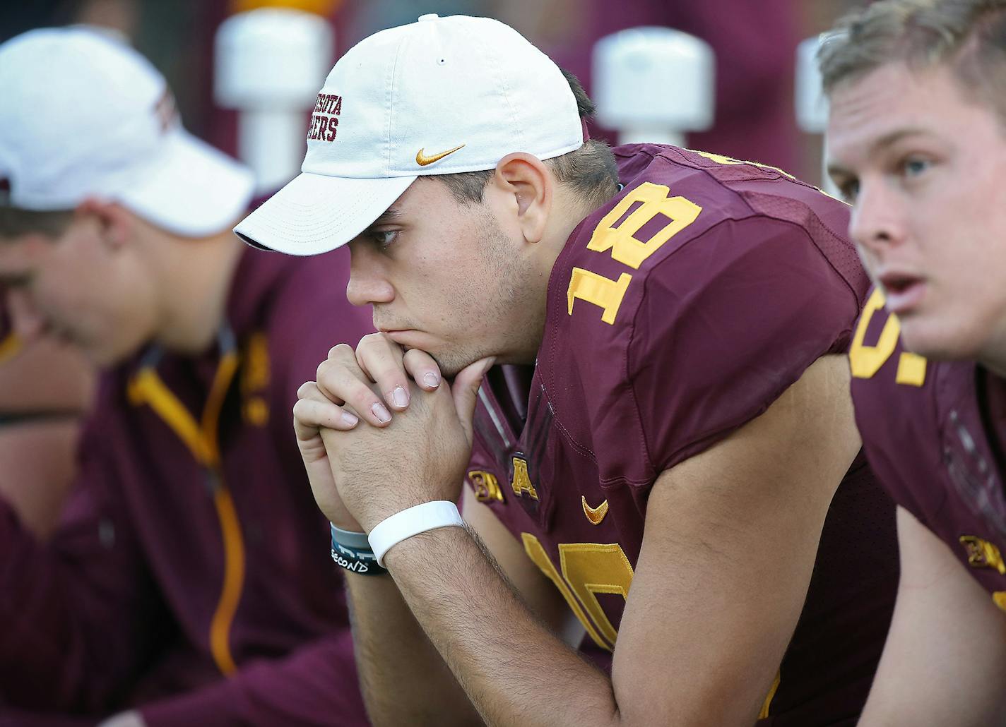 Minnesota's place kicker Ryan Santoso sat on the bench as Nebraska defeated the Gophers 48-25 at TCF Bank Stadium, Saturday, October 17, 2015 in Minneapolis, MN. ] (ELIZABETH FLORES/STAR TRIBUNE) ELIZABETH FLORES &#x2022; eflores@startribune.com