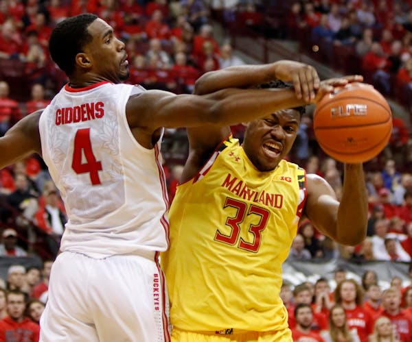 Maryland freshman Diamond Stone, right, was suspended for one game by the team after committing an ugly flagrant foul against Wisconsin forward Vitto 