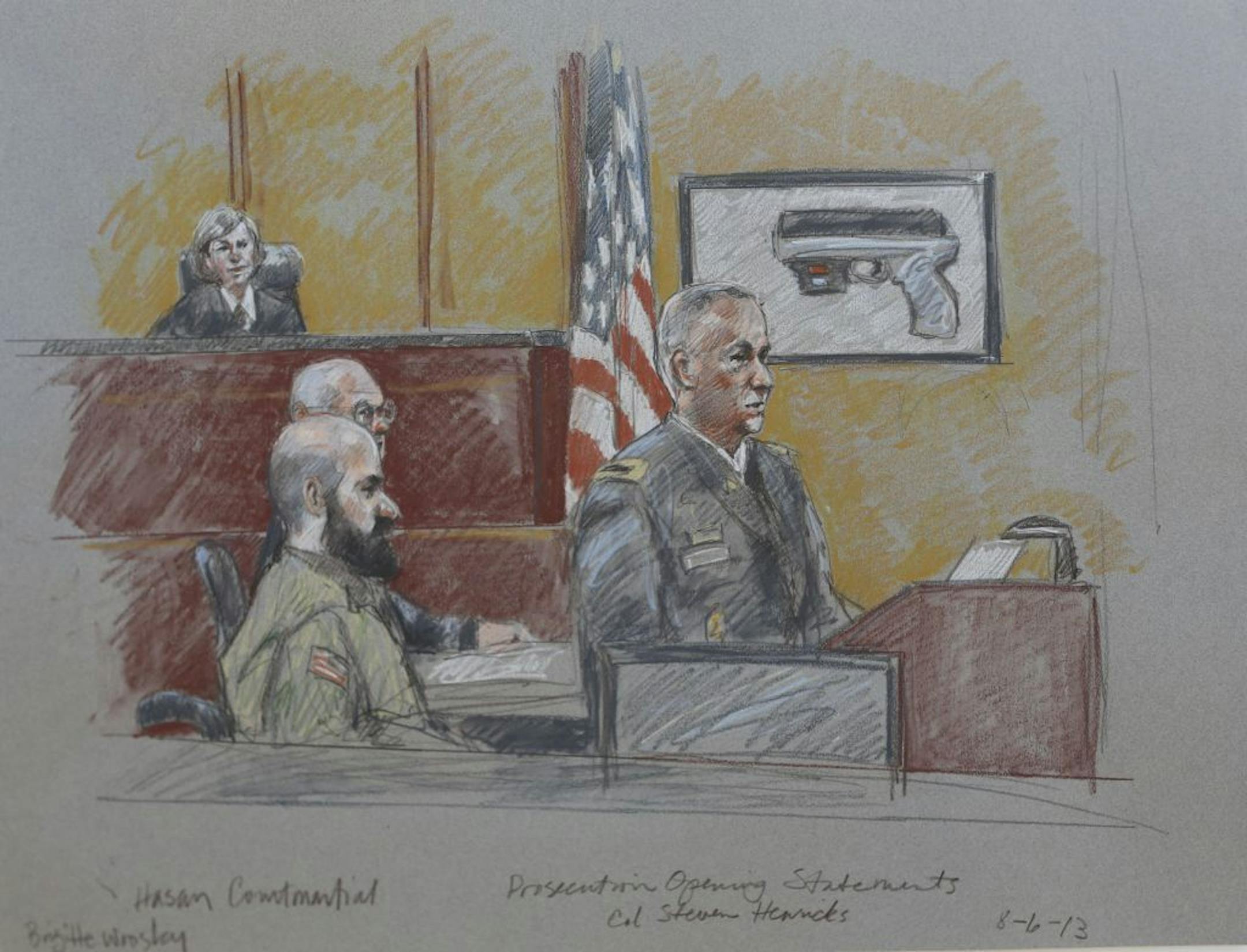 This courtroom sketch shows military prosecutor Lt. Col. Steve Henricks, right, speaking as Nidal Malik Hasan, center, and presiding judge Col. Tara Osborn look on during his court-martial Tuesday, Aug. 6, 2013, in Forth Hood, Texas.