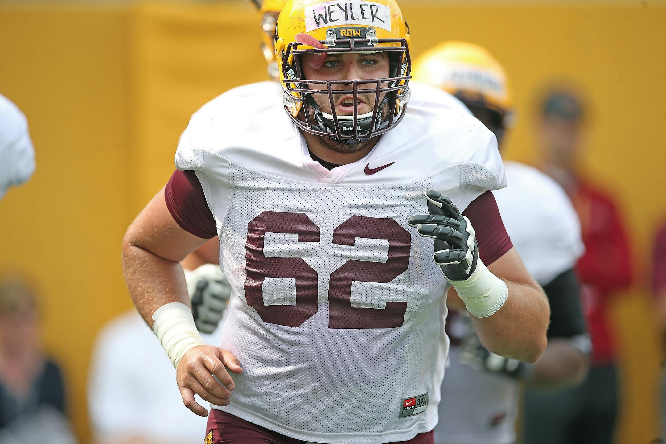 Gophers center Jared Weyler took to the field for drills during the Gophers football practice at Gibson-Nagurski Football Complex, Saturday, August 5, 2017 in Minneapolis, MN.