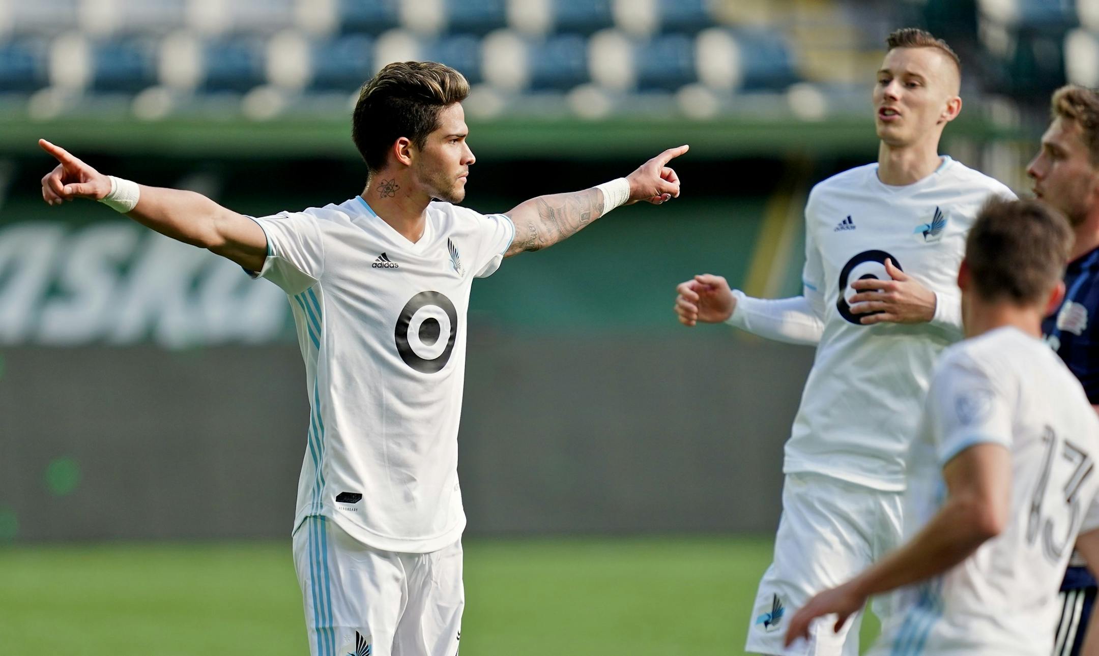 Minnesota United forward Luis Amarilla (9) reacts after scoring a goal during a preseason match against the New England Revolution at Providence Park in Portland, OR on February 16, 2020. (Photo by Craig Mitchelldyer for the Star-Tribune) ORG XMIT: 1010559071