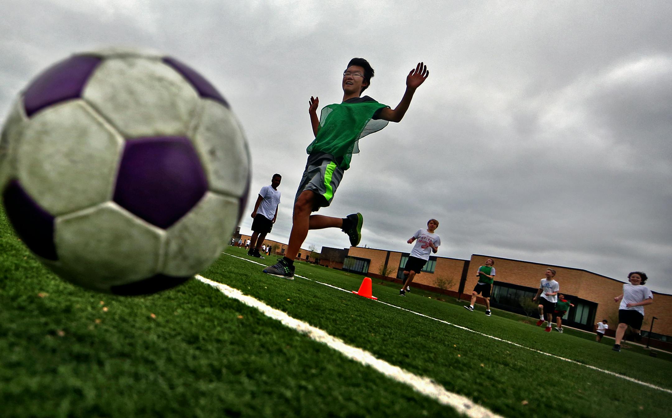 Eighth-grade students played soccer during a physical education class at Valley View Middle School in Edina.