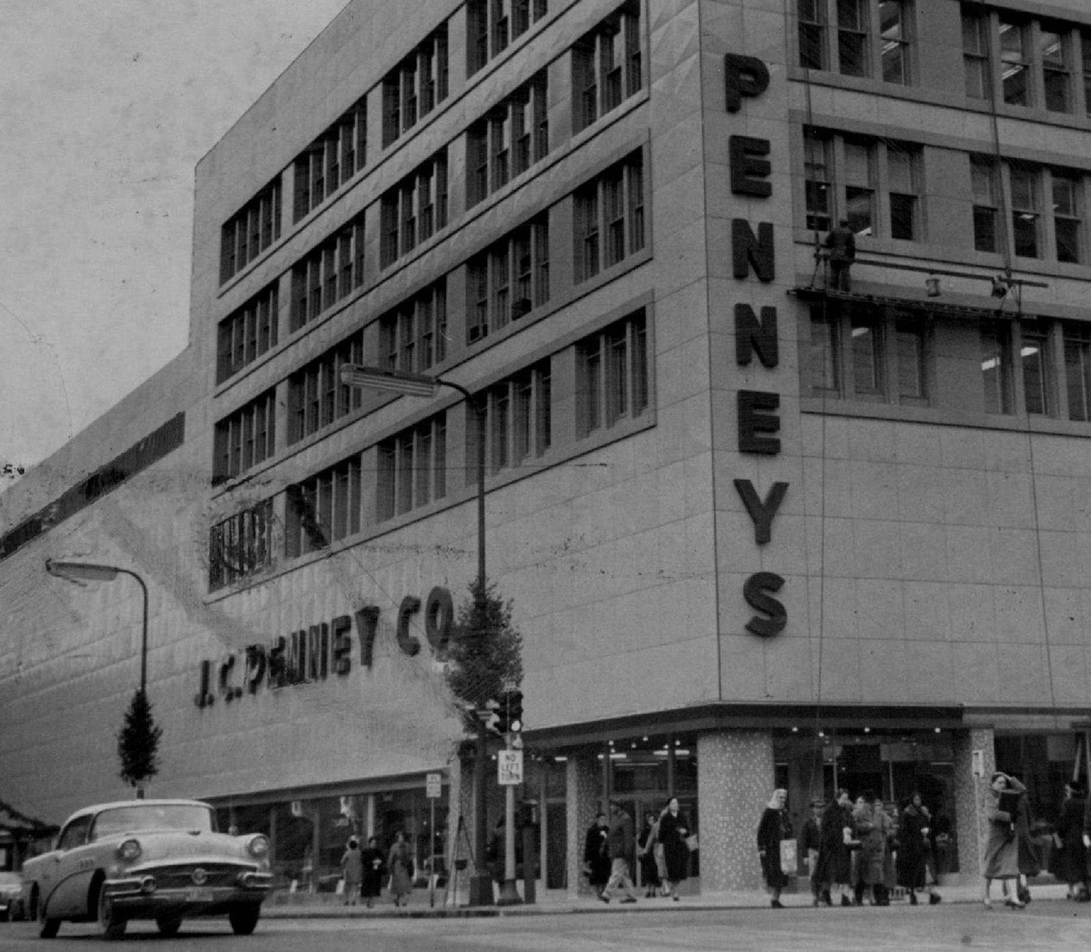 December 7, 1958 Decked Out for the holidays - and for many years - in its new porcelainized attire is the J.C. Penny Co. store at S. 6th St. and Nicollet Av. Workmen this week will attach and caulk the last of 3,000 buff-colored steel panels. Modernizing of the interior is due for completion in May at a cost of two million dollars. December 4, 1958 John Croft, Minneapolis Star Tribune ORG XMIT: MIN2017012819344520