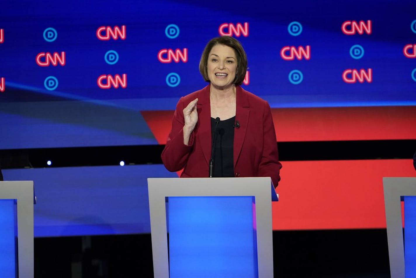 Sen. Amy Klobuchar (D-Minn.) speaks during the first night of the second round of Democratic presidential debates, in Detroit, on Tuesday, July 30, 2019.