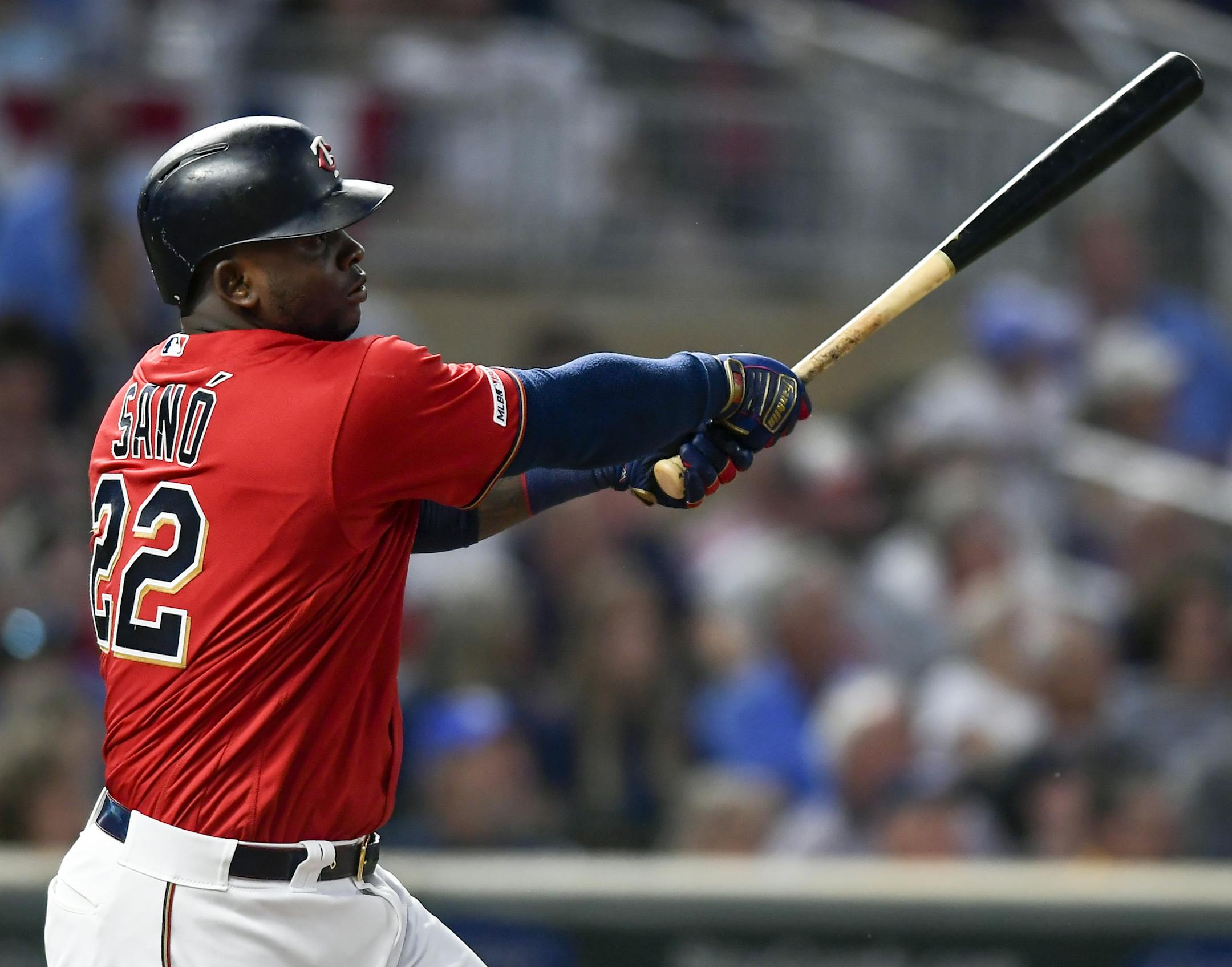 Minnesota Twins third baseman Miguel Sano (22) followed through with his swing after hitting an RBI triple, with shortstop Jorge Polanco (11) scoring, in the bottom of the first inning. ] Aaron Lavinsky • aaron.lavinsky@startribune.com The Minnesota Twins played the Kansas City Royals on Friday, Sept. 20, 2019 at Target Field in Minneapolis, Minn.