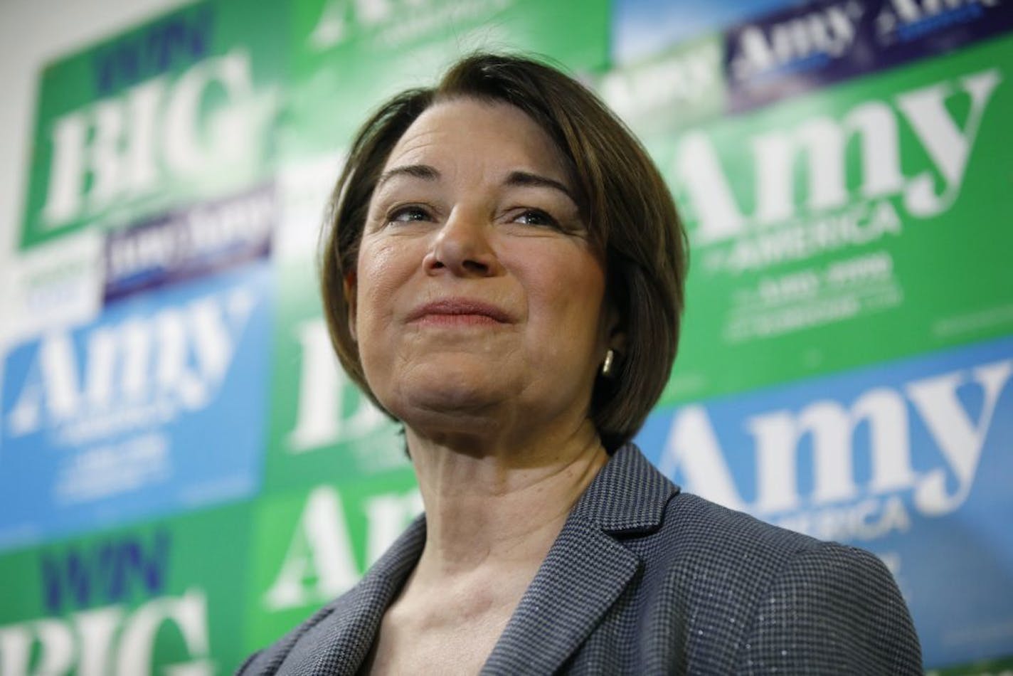 Democratic presidential candidate Sen. Amy Klobuchar, D-Minn., pauses during a visit to a campaign office, Saturday, Feb. 22, 2020, in Las Vegas.