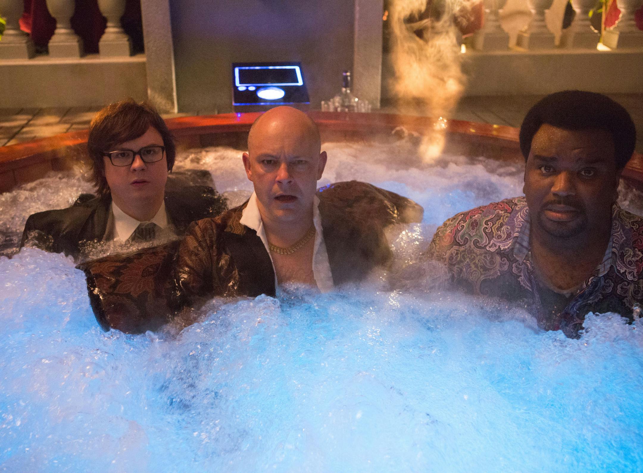In this image released by Paramount Pictures/MGM, Clark Duke, from left, Rob Corddry and Craig Robinson appear in a scene from "Hot Tub Time Machine 2." (AP Photo/Paramount Pictures/MGM, Steve Dietl)