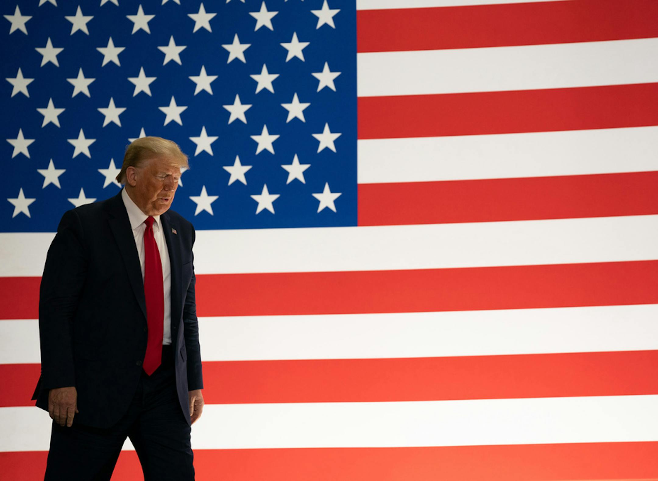 **EDS.: RETRANSMISSION TO CORRECT LOCATION FIELDS TO GUILFORD, MAINE** President Donald Trump walks on stage to address people at Puritan Medical Products, in Guilford, Maine, on June 5, 2020. (Anna Moneymaker/The New York Times)