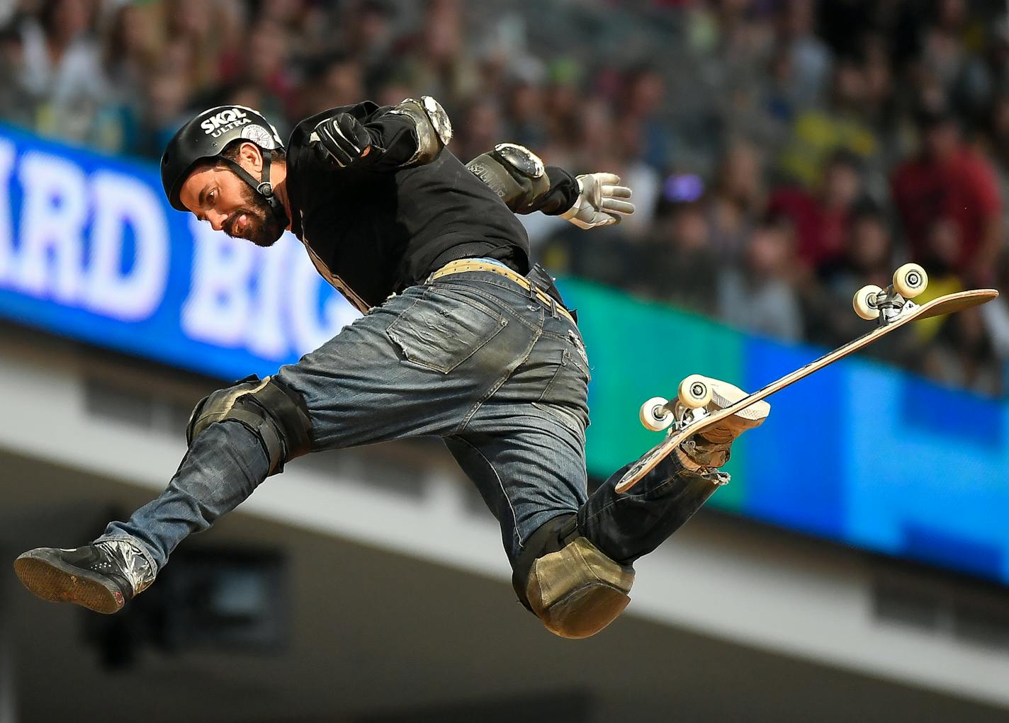 Skateboard legend Bob Burnquist lost control of his board in mid air during the big air finals Saturday. ] AARON LAVINSKY &#xef; aaron.lavinsky@startribune.com The X Games were held Saturday, July 15, 2017 at US Bank Stadium in Minneapolis, Minn.